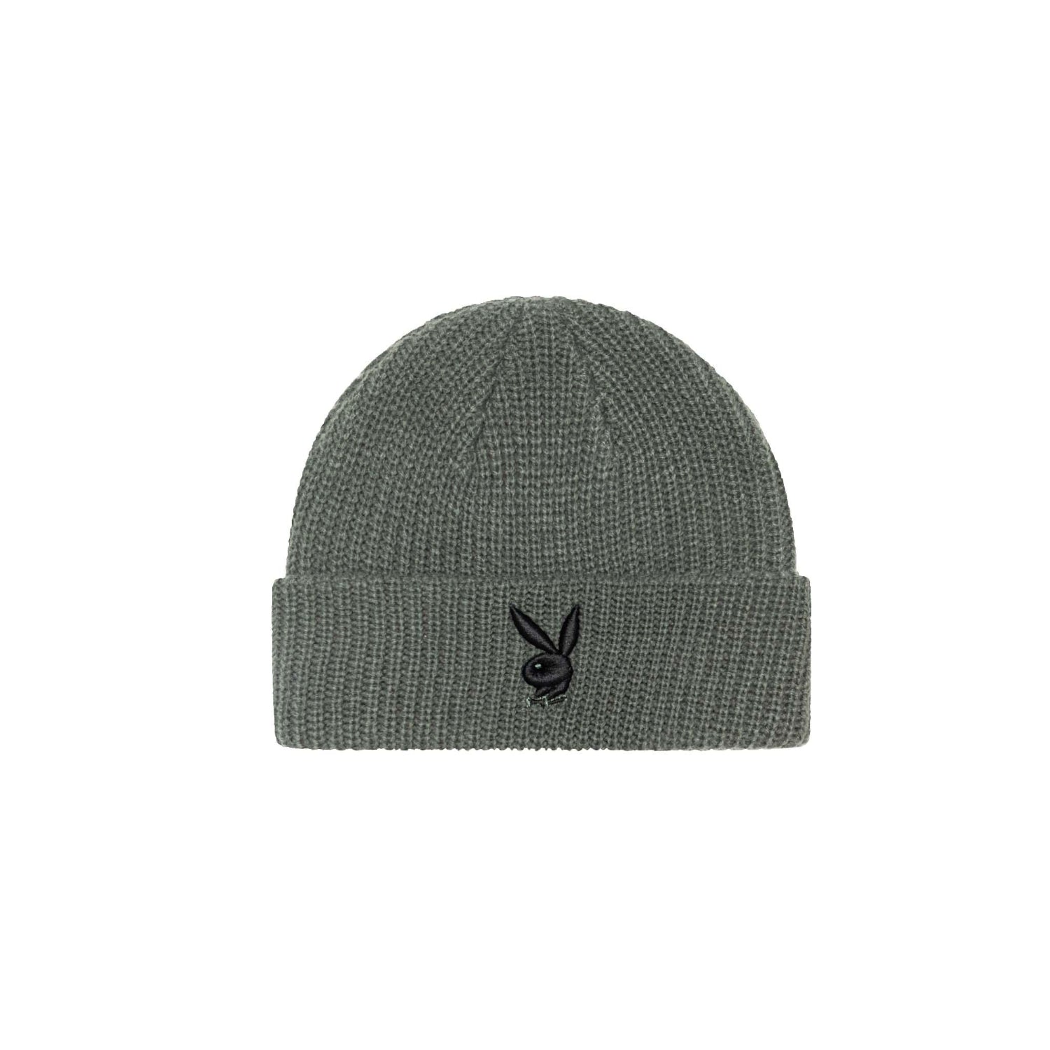 Gray knit beanie with black rabbit head logo, folded cuff, winter hat flat lay.