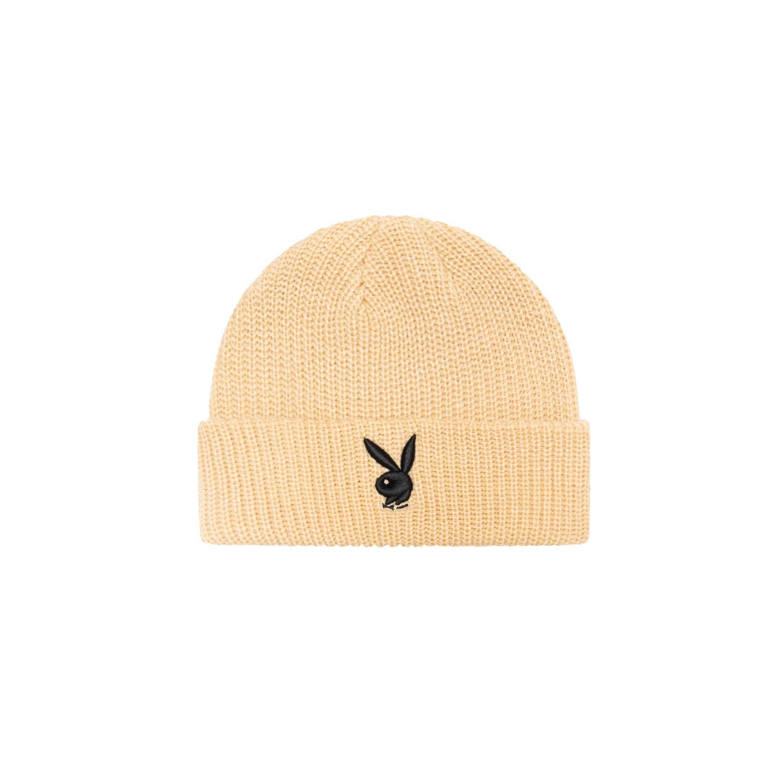 Beige knit beanie with black bunny head logo embroidered on cuff, winter fashion accessory