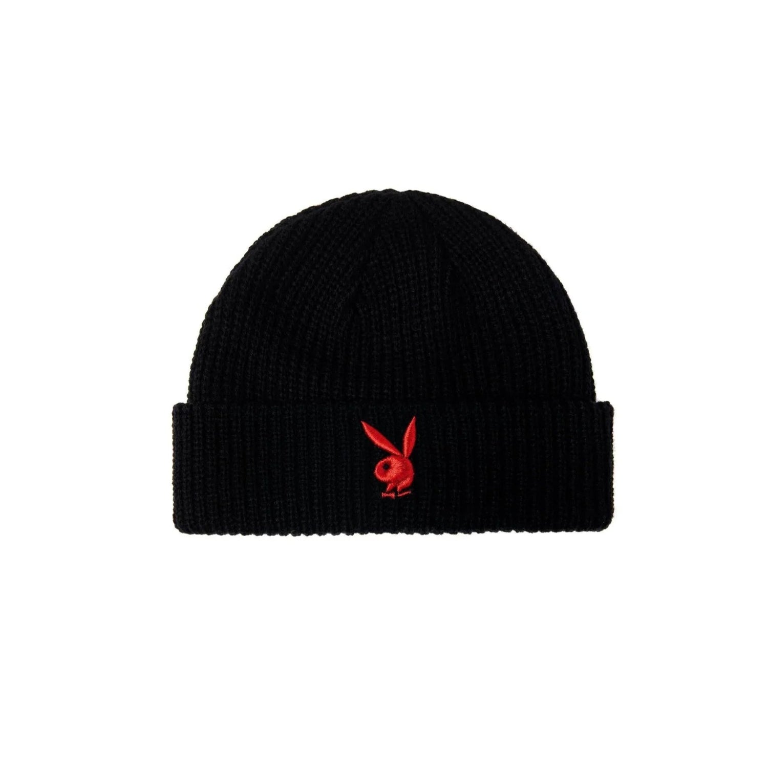 Black knit beanie with red rabbit head logo embroidered on the cuff, winter accessory