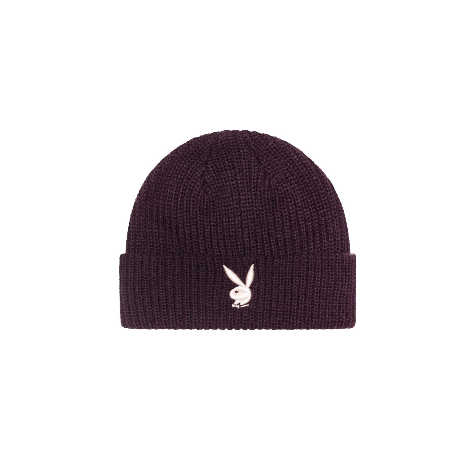 Black knit beanie with embroidered white rabbit head logo on the cuff