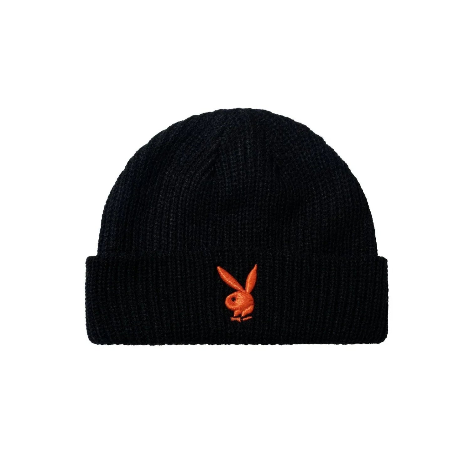 Black knit beanie with orange rabbit head embroidery, folded cuff, minimalist style hat