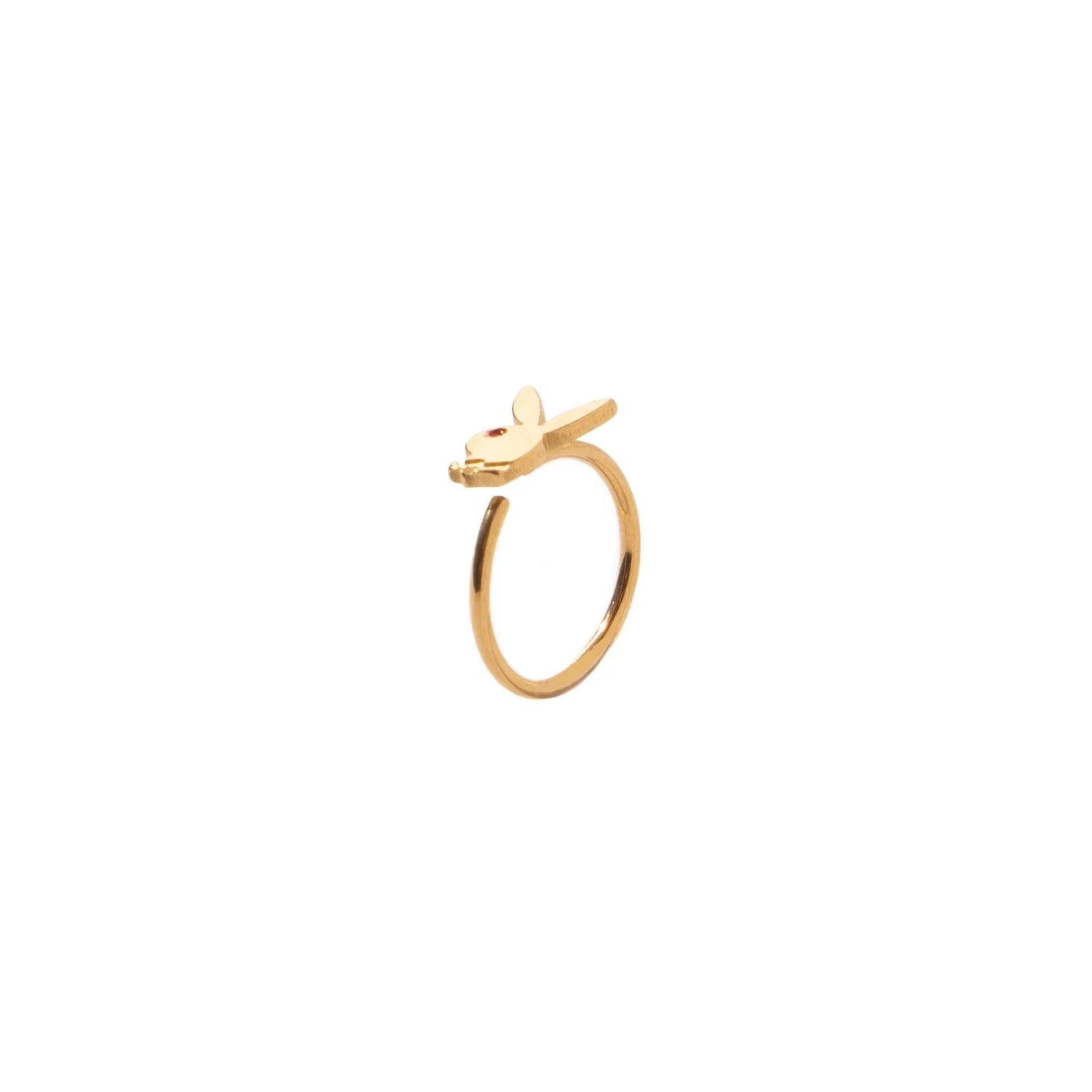 Gold-tone nose ring with rabbit head design, minimalist jewelry against white background
