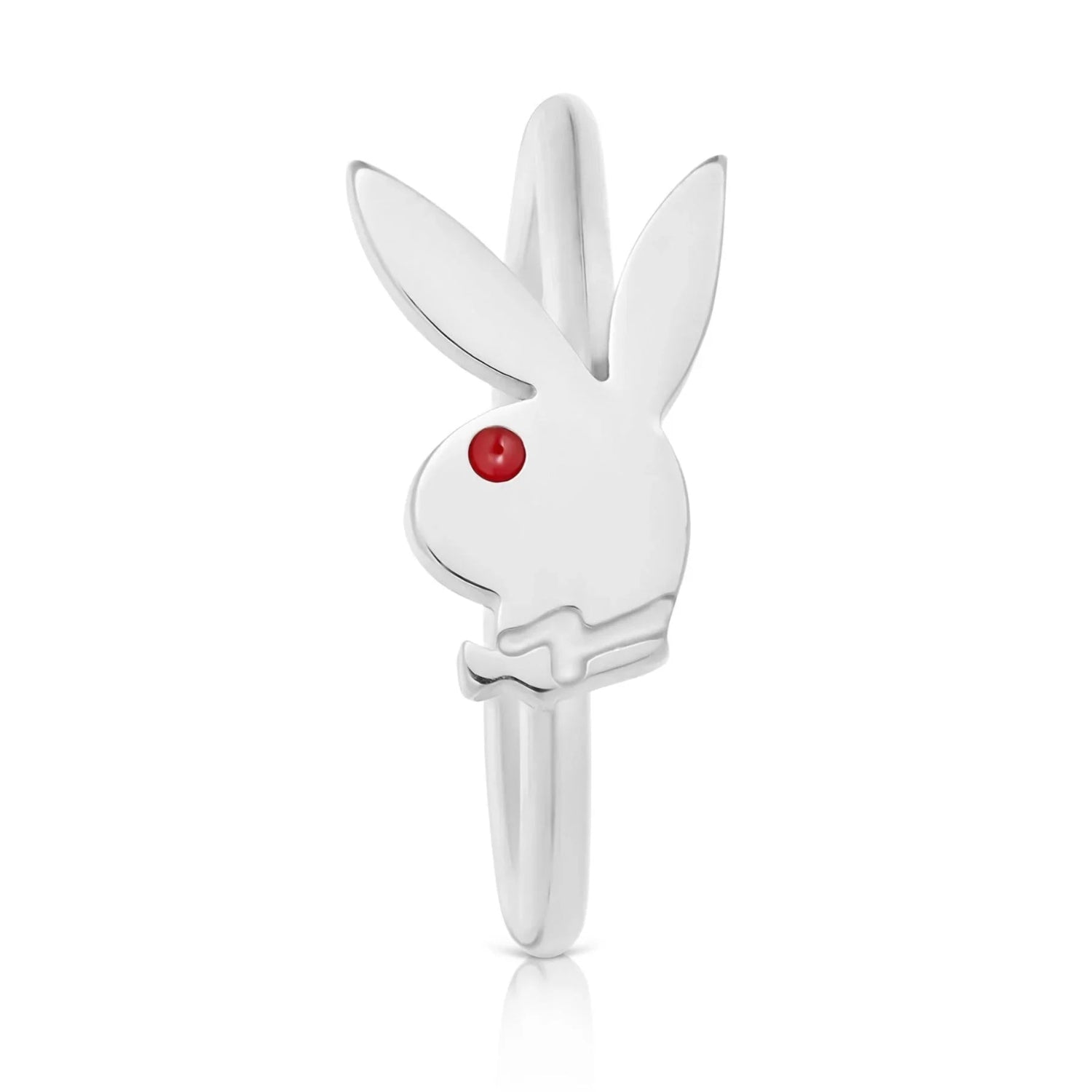 silver nose ring with bunny head charm and red gem eye