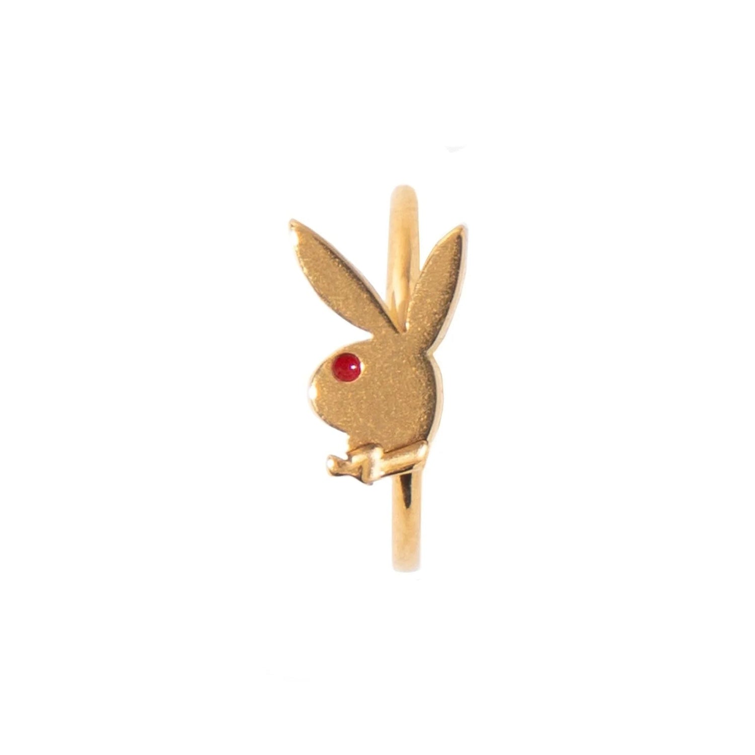 Gold bunny head nose ring with red gemstone accent on white background