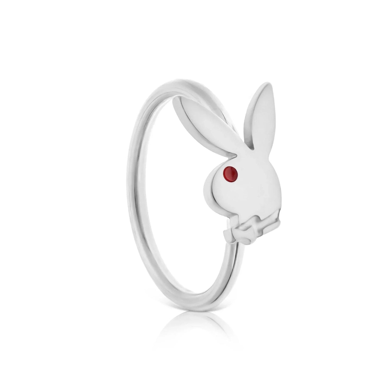 Silver nose ring with rabbit head charm featuring a red eye, jewelry accessory on white background