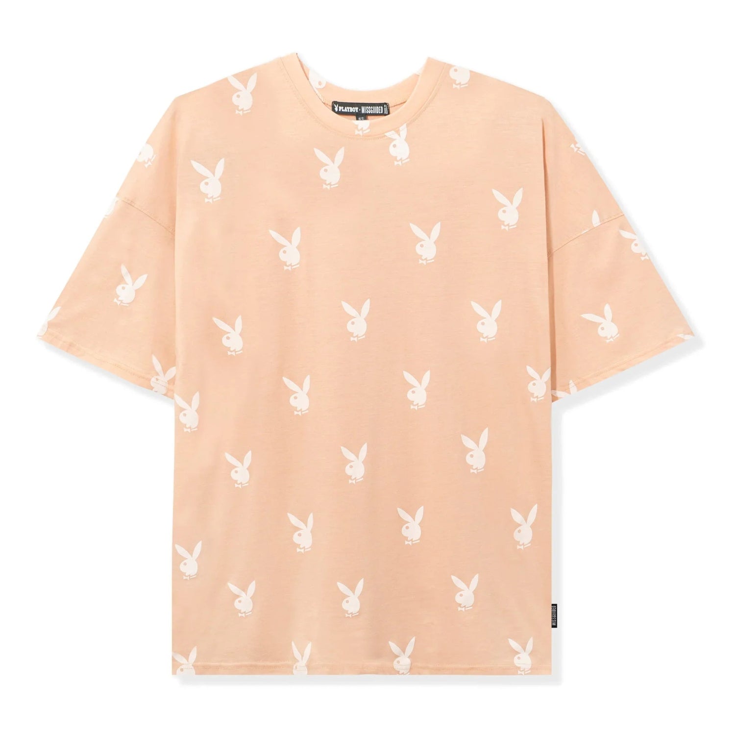 Peach oversized t-shirt dress with white rabbit head print pattern, short sleeves