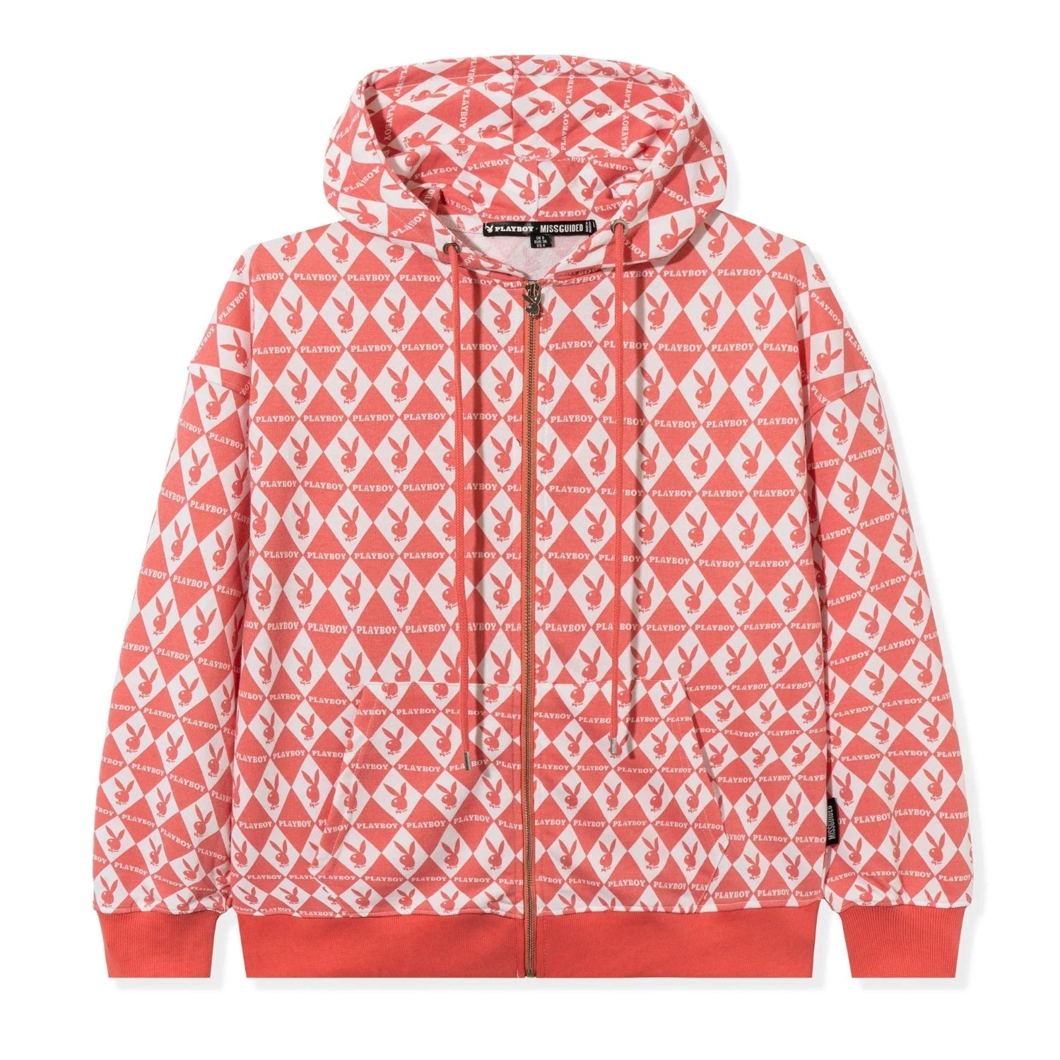 Red and white oversized zip-up hoodie with rabbit head pattern and front pockets