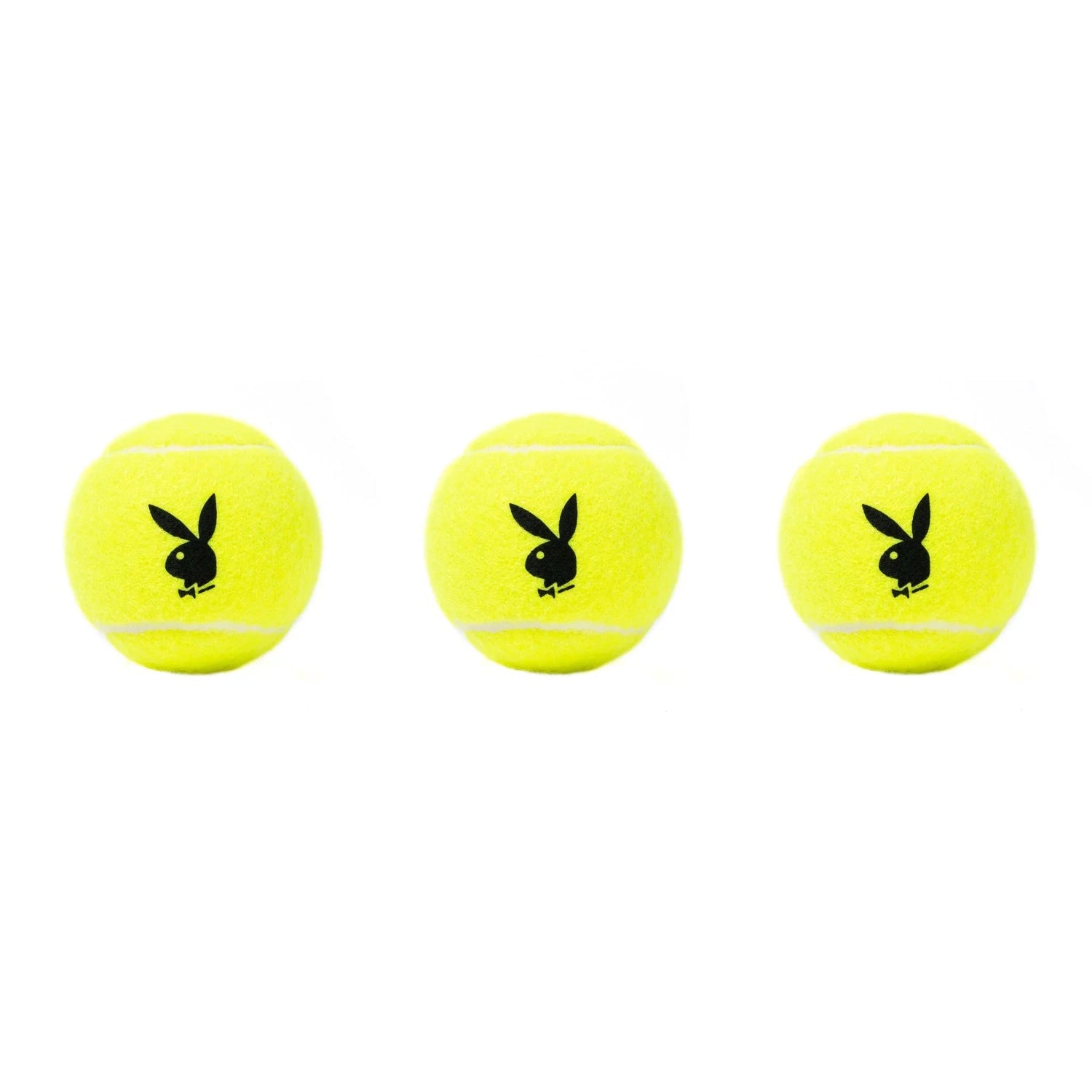 Three yellow tennis balls with black rabbit head logo on white background