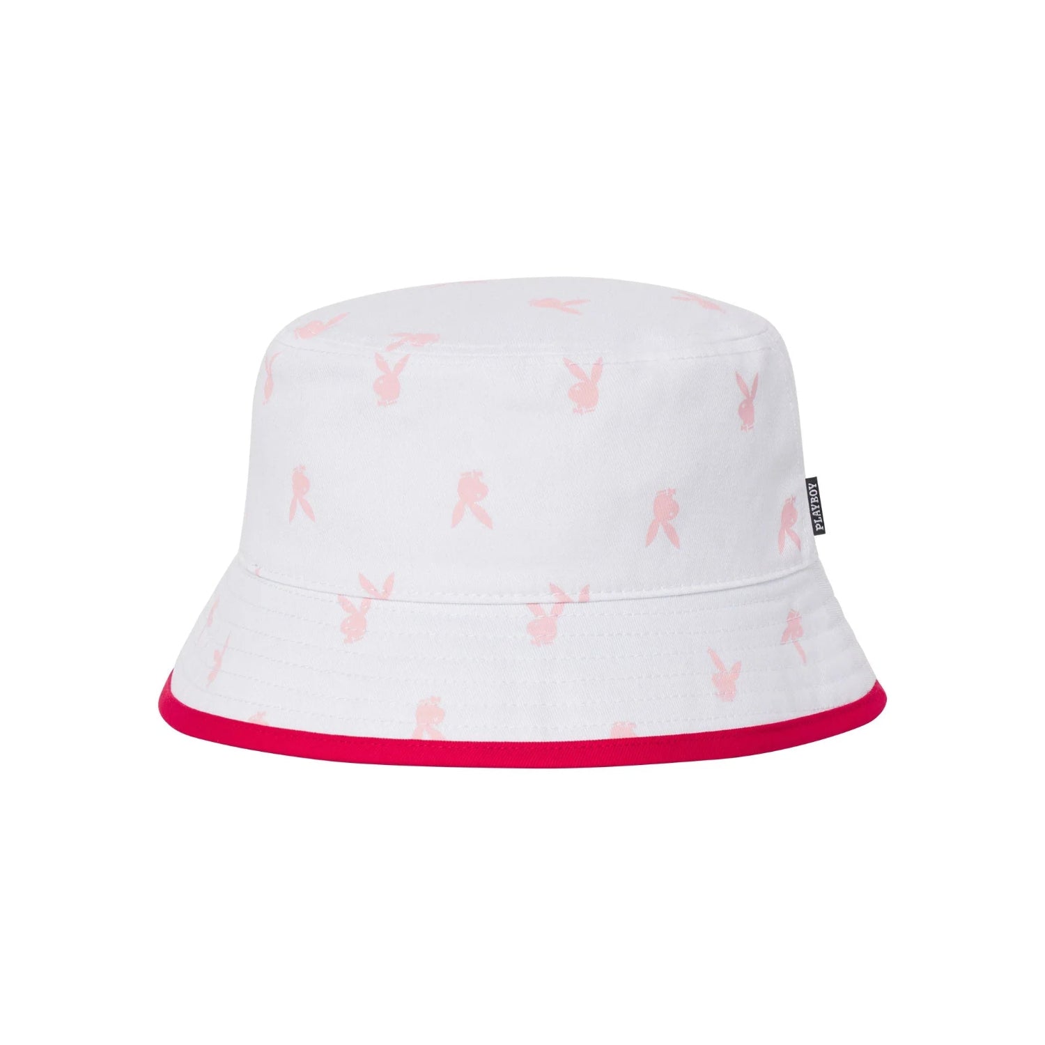 White bucket hat with pink rabbit head pattern and red trim, stylish casual accessory