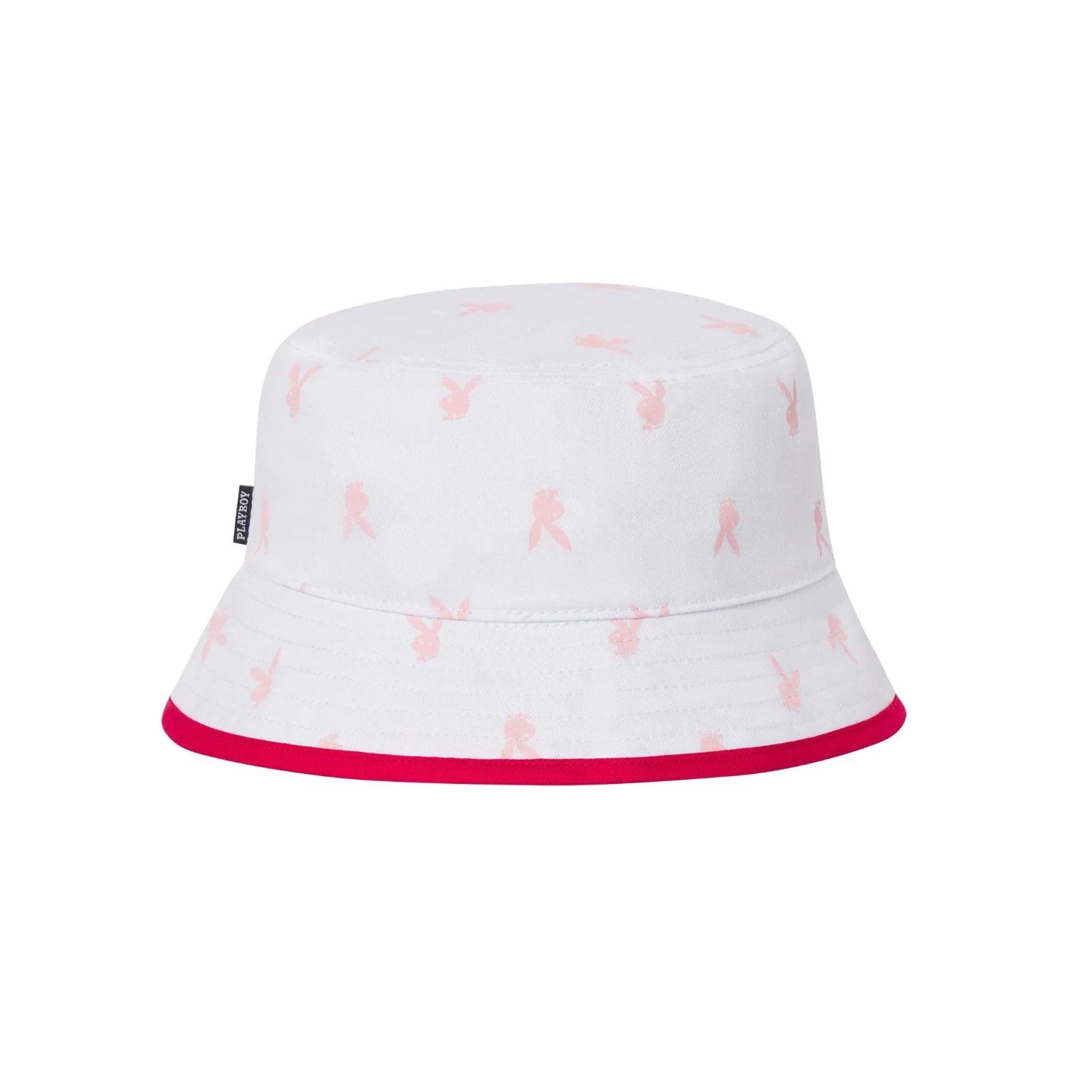 White bucket hat with pink rabbit head pattern and red trim, casual streetwear accessory