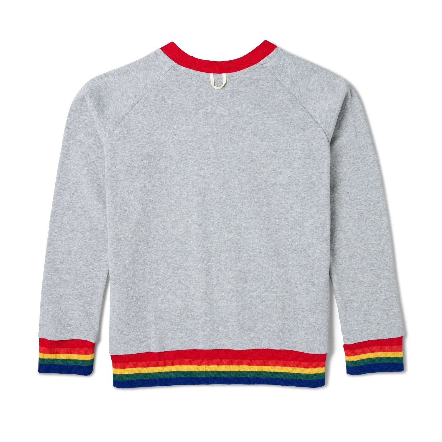 Gray sweatshirt with red collar and rainbow striped cuffs and hem, back view.