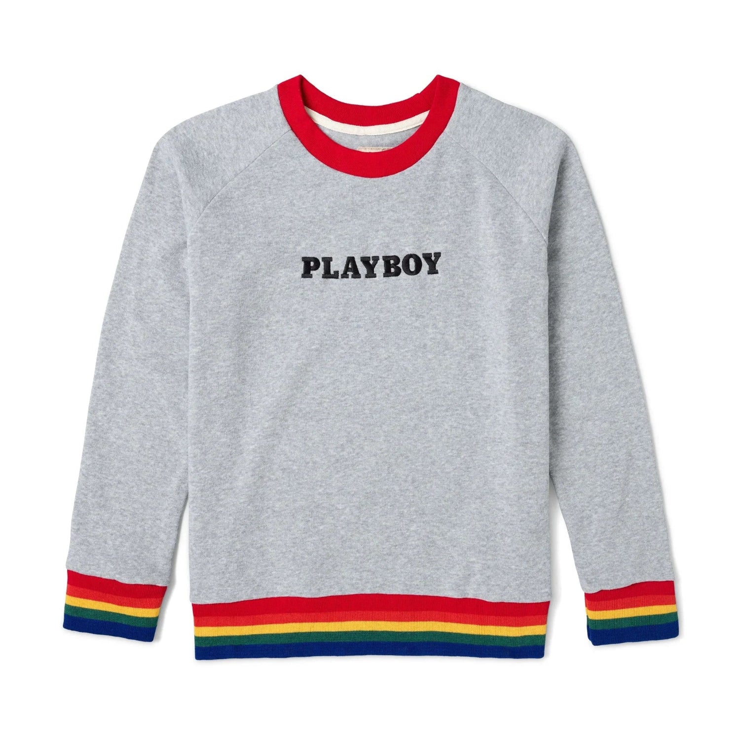 Gray crewneck sweatshirt with rainbow striped cuffs and hem, red collar, and PLAYBOY logo on chest