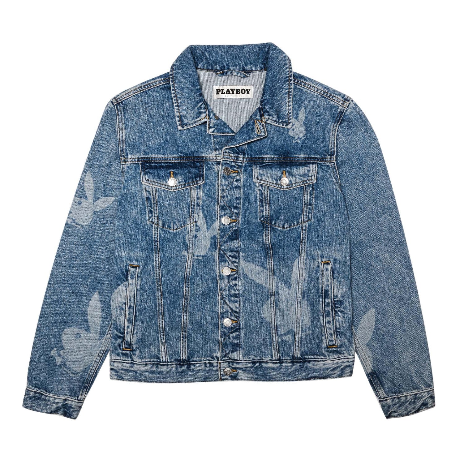 Blue denim jacket with multiple faded rabbit head logos, front button closure, chest pockets.