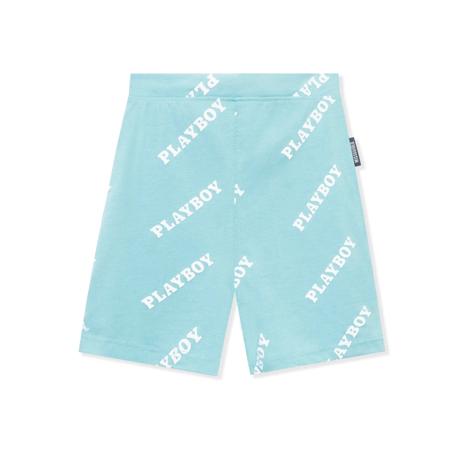 Light blue bike shorts with white repeating logo print, laid flat on white background.