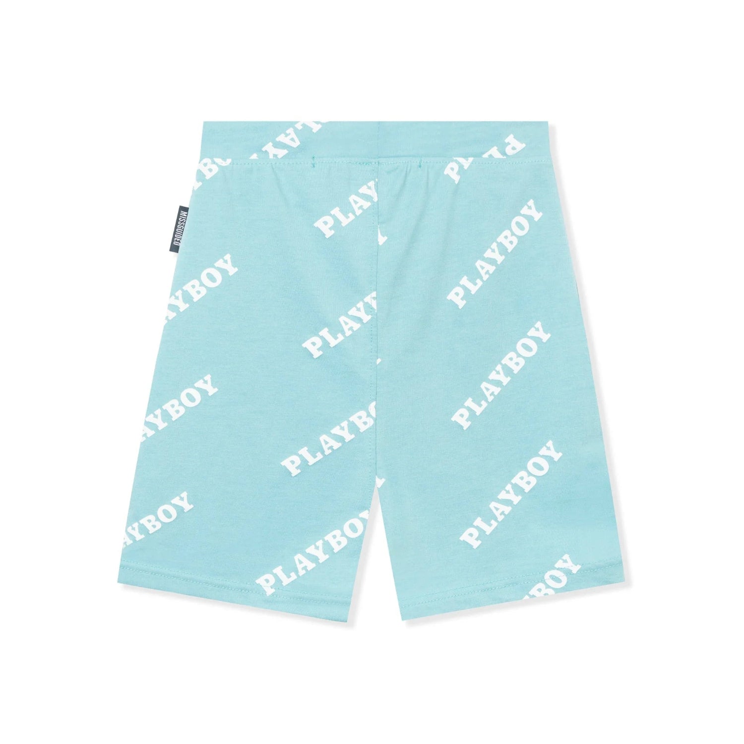 Light blue bike shorts with white repeating PLAYBOY text print, back view