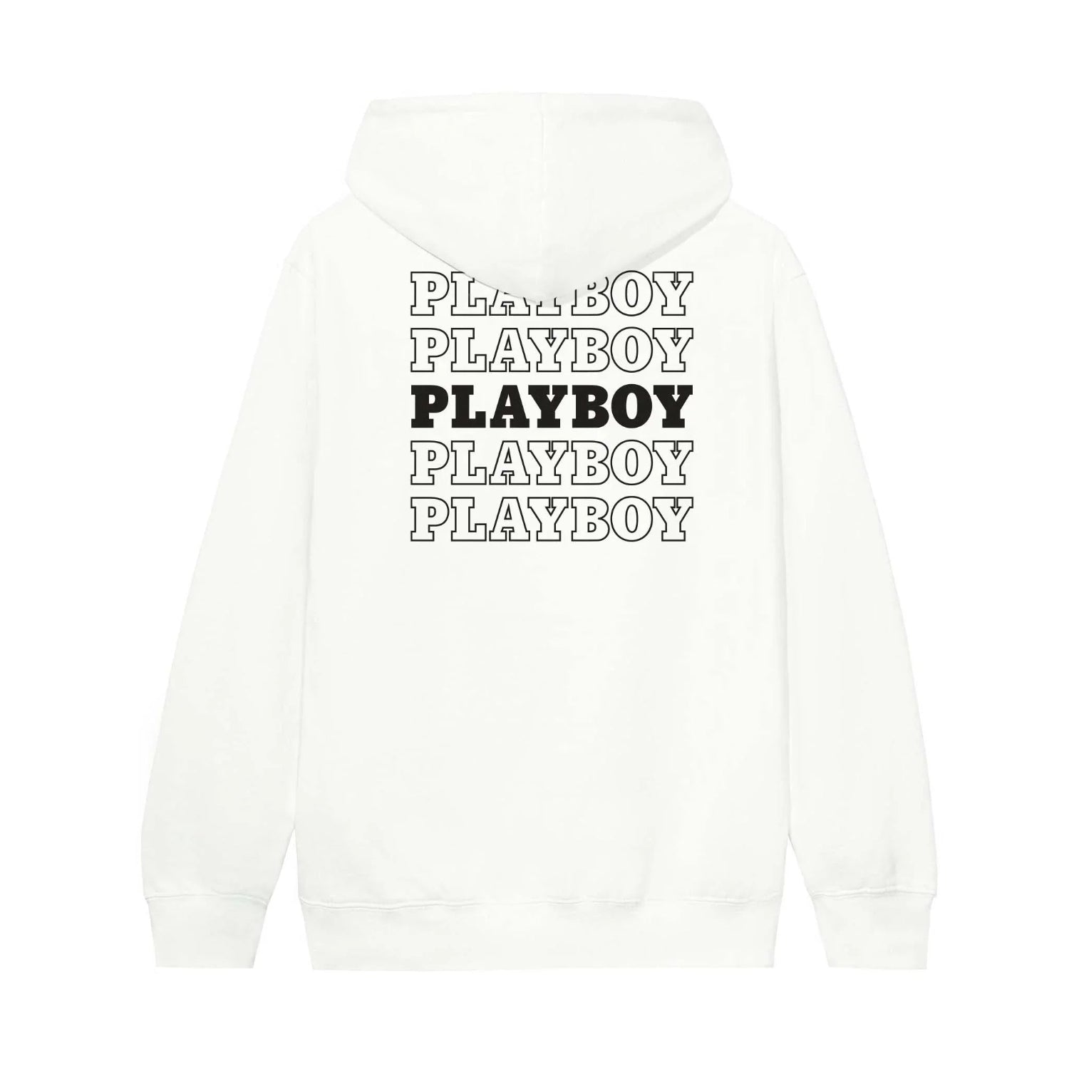 White hoodie with repeating PLAYBOY text in bold black and outline font on the back