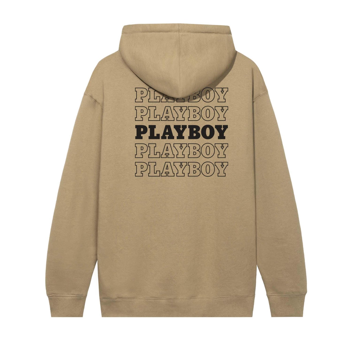 Tan hoodie with black repeating PLAYBOY text graphic on the back, casual streetwear style