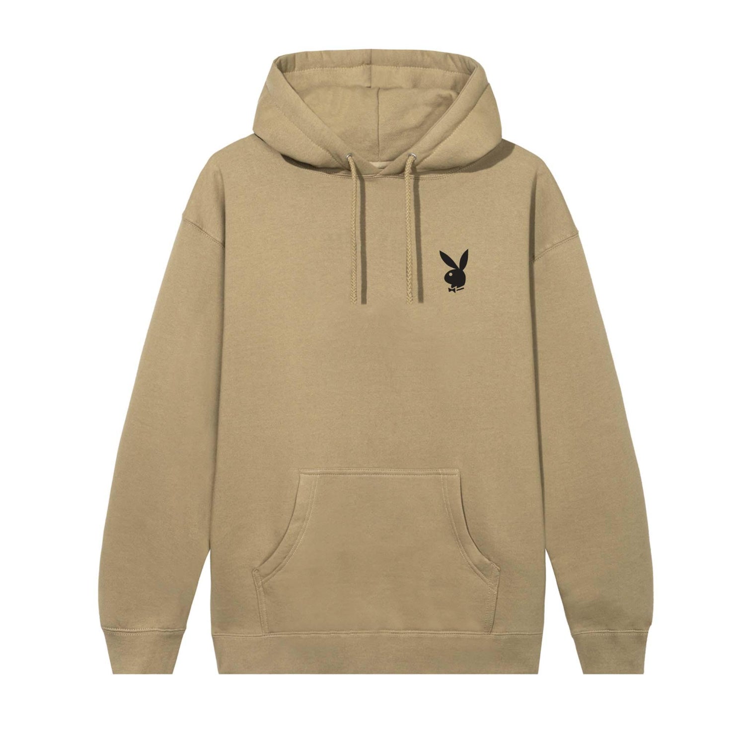 Beige pullover hoodie with black bunny logo on chest and front kangaroo pocket