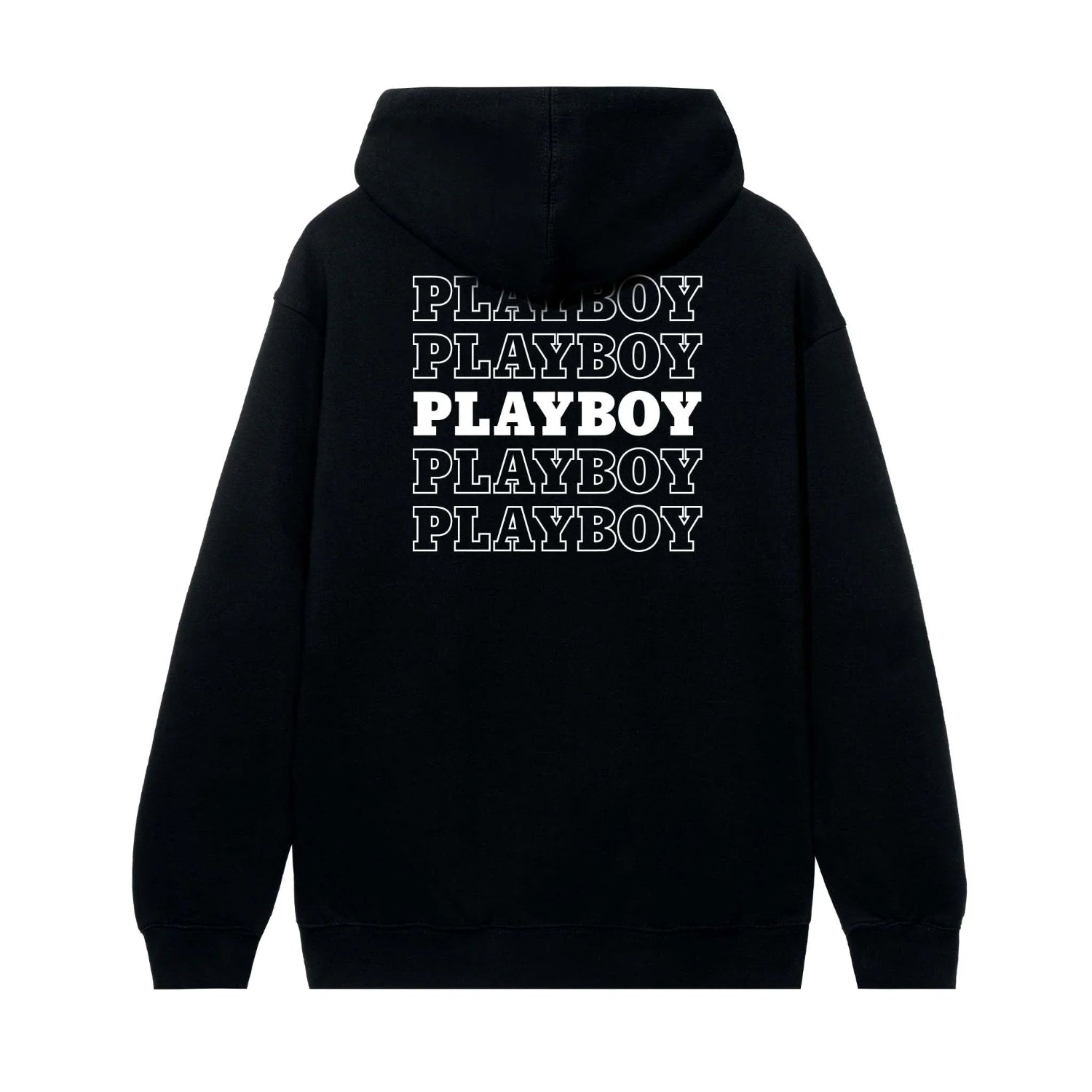 Black hoodie with repeating PLAYBOY logo text design on back, streetwear apparel