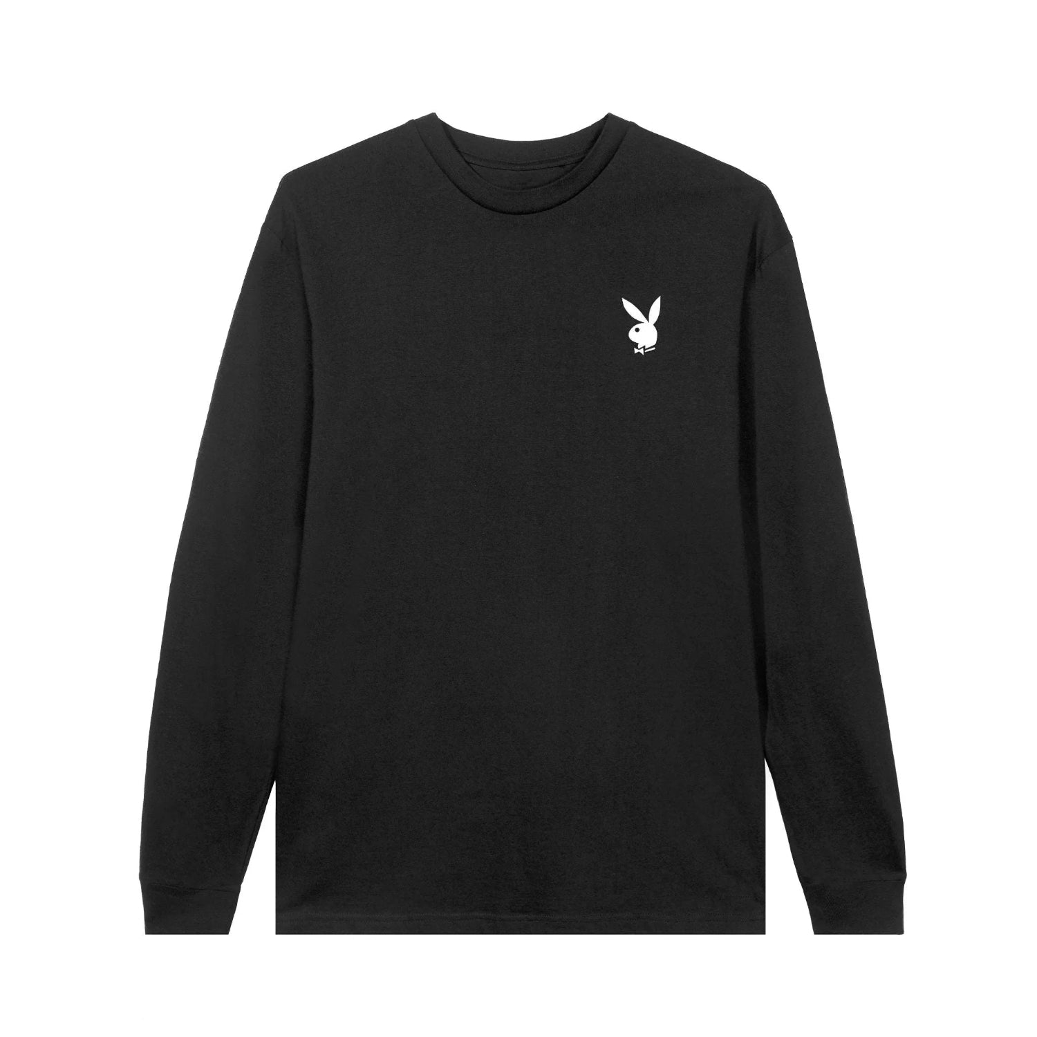 Black long sleeve t-shirt with white bunny logo on chest, men's streetwear apparel