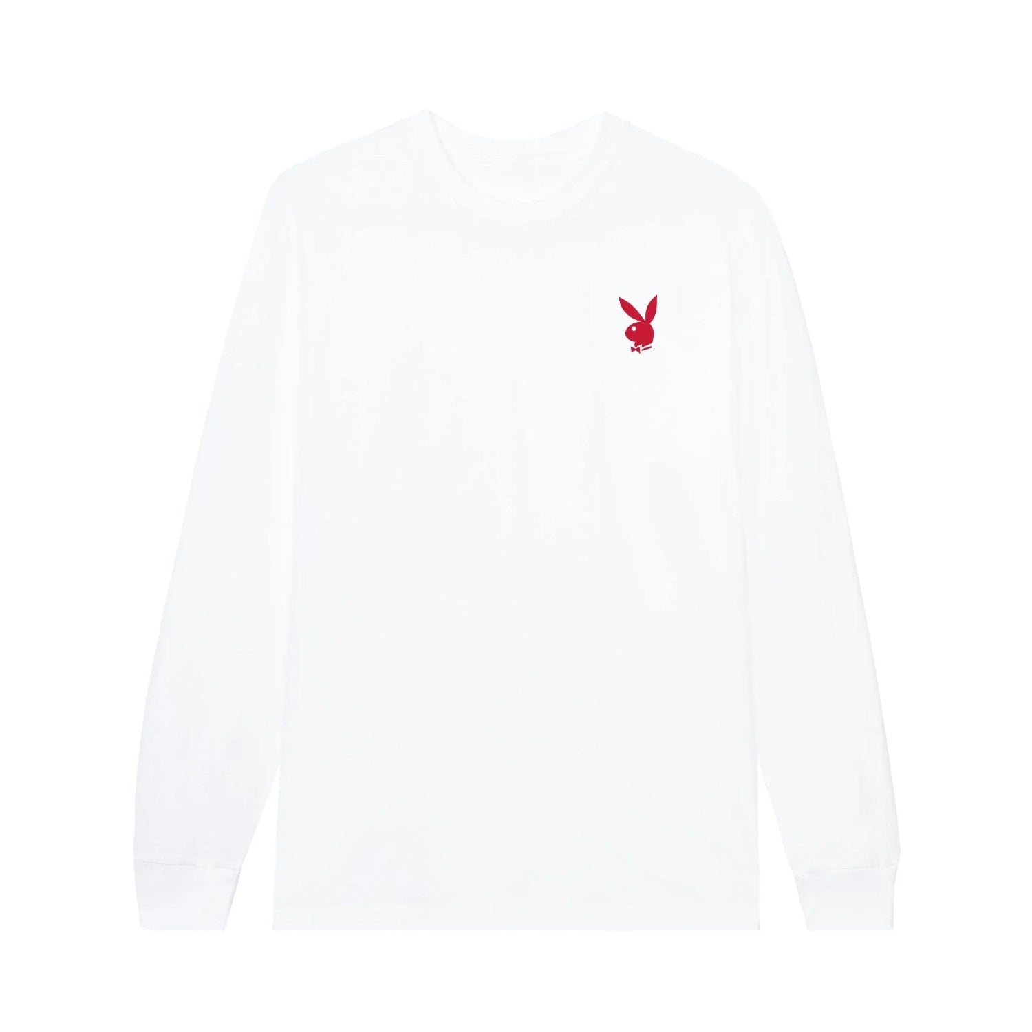 White long sleeve t-shirt with red rabbit head logo on chest, casual unisex apparel