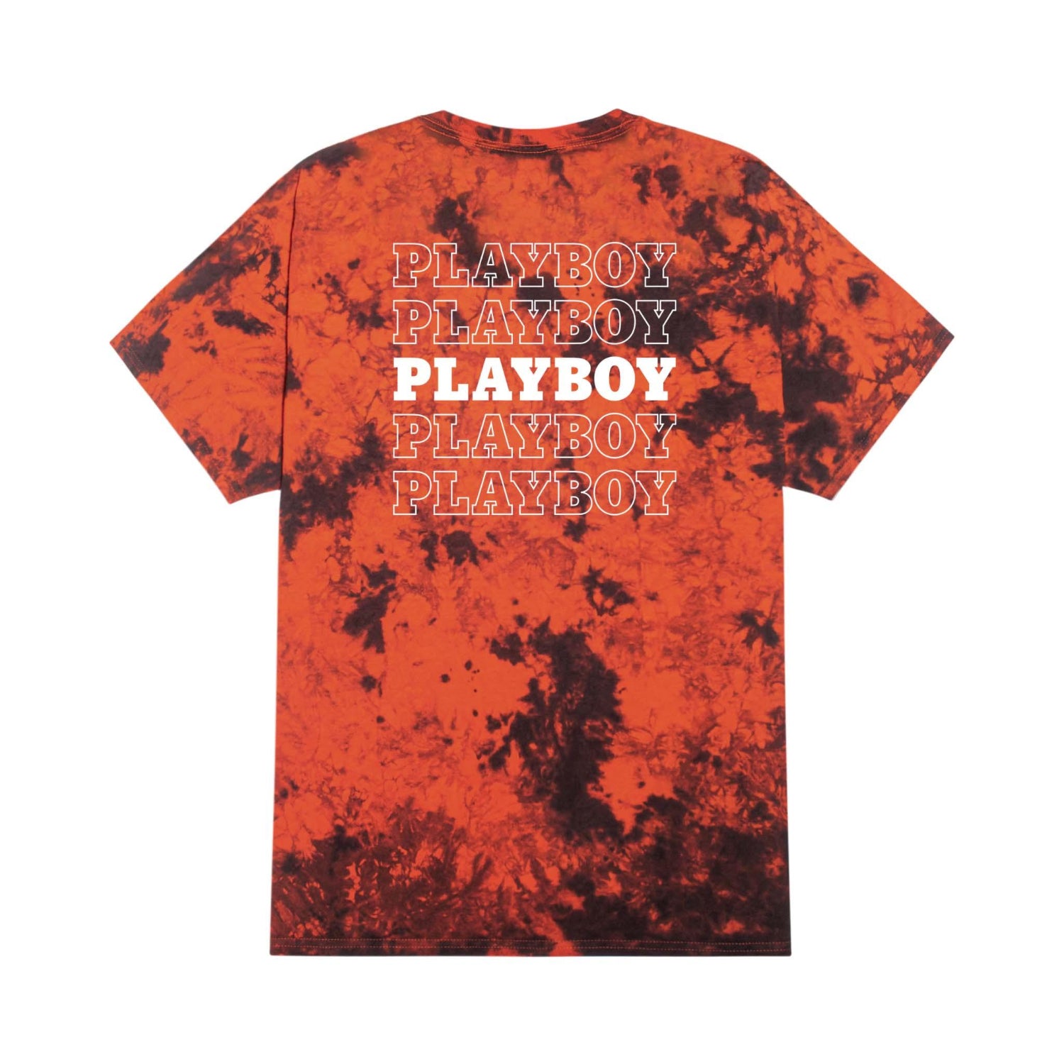 Orange and black tie-dye t-shirt with repeating PLAYBOY text on the back