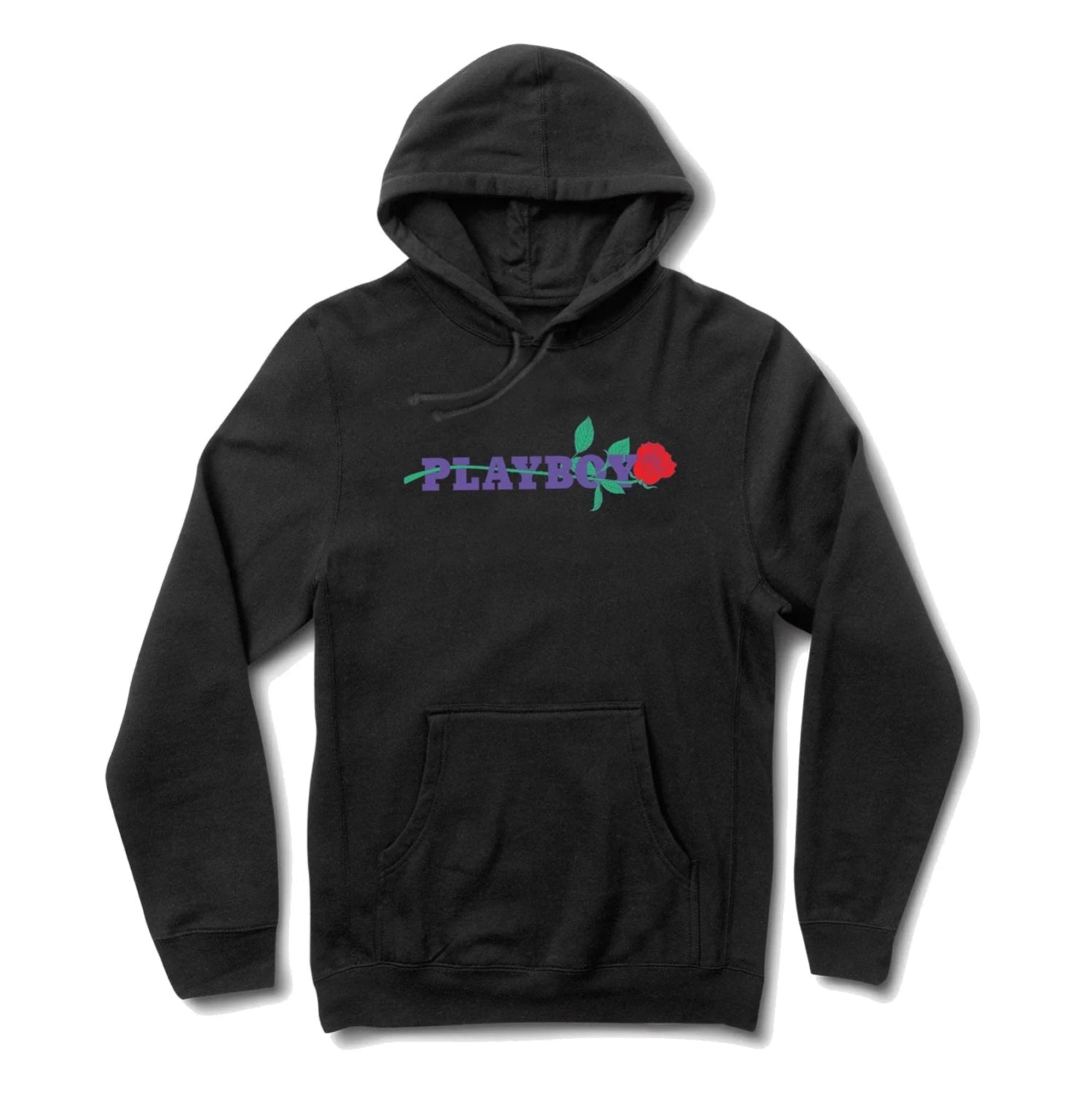 Black hoodie with purple PLAYBOY text and red rose graphic on front, flat lay view