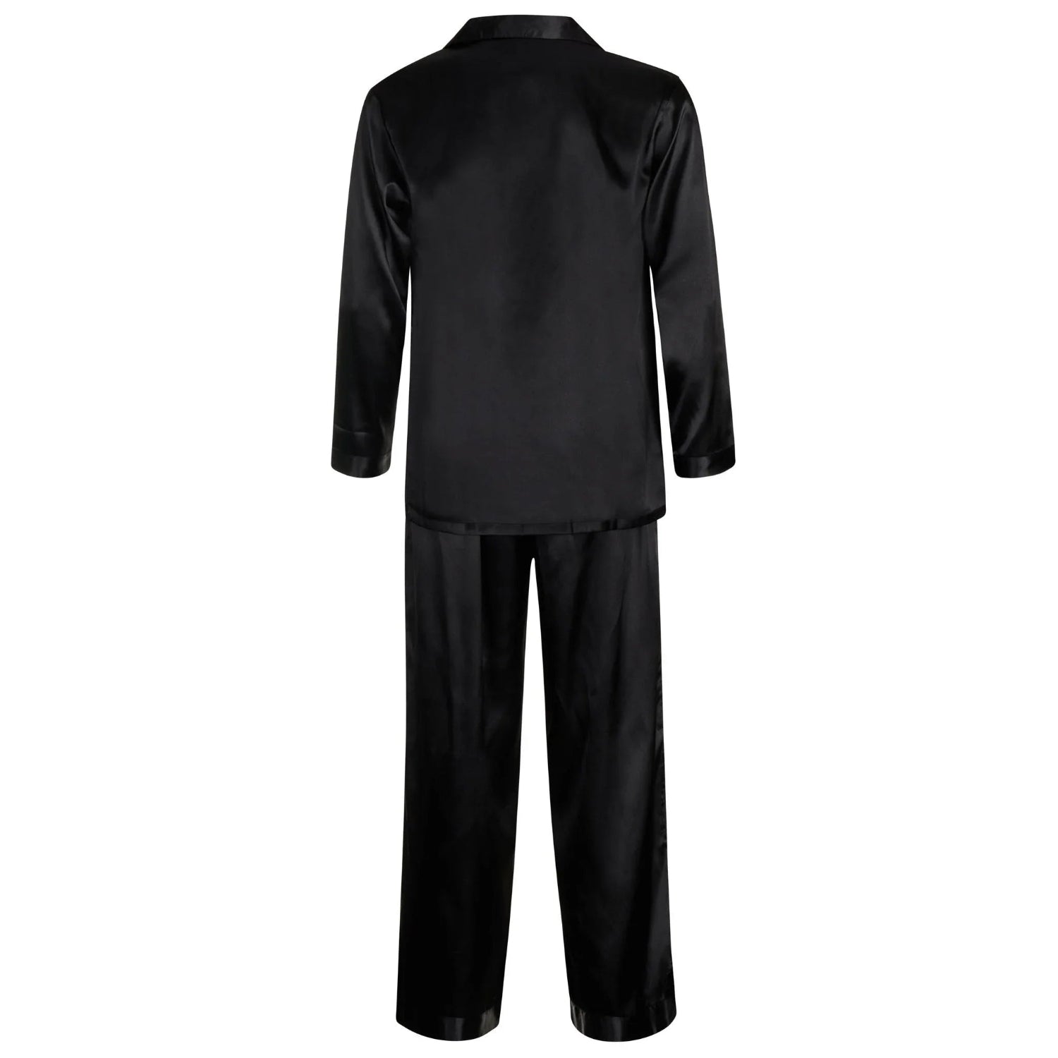 Black satin lounge set with long sleeves and pants, shown from the back on white background