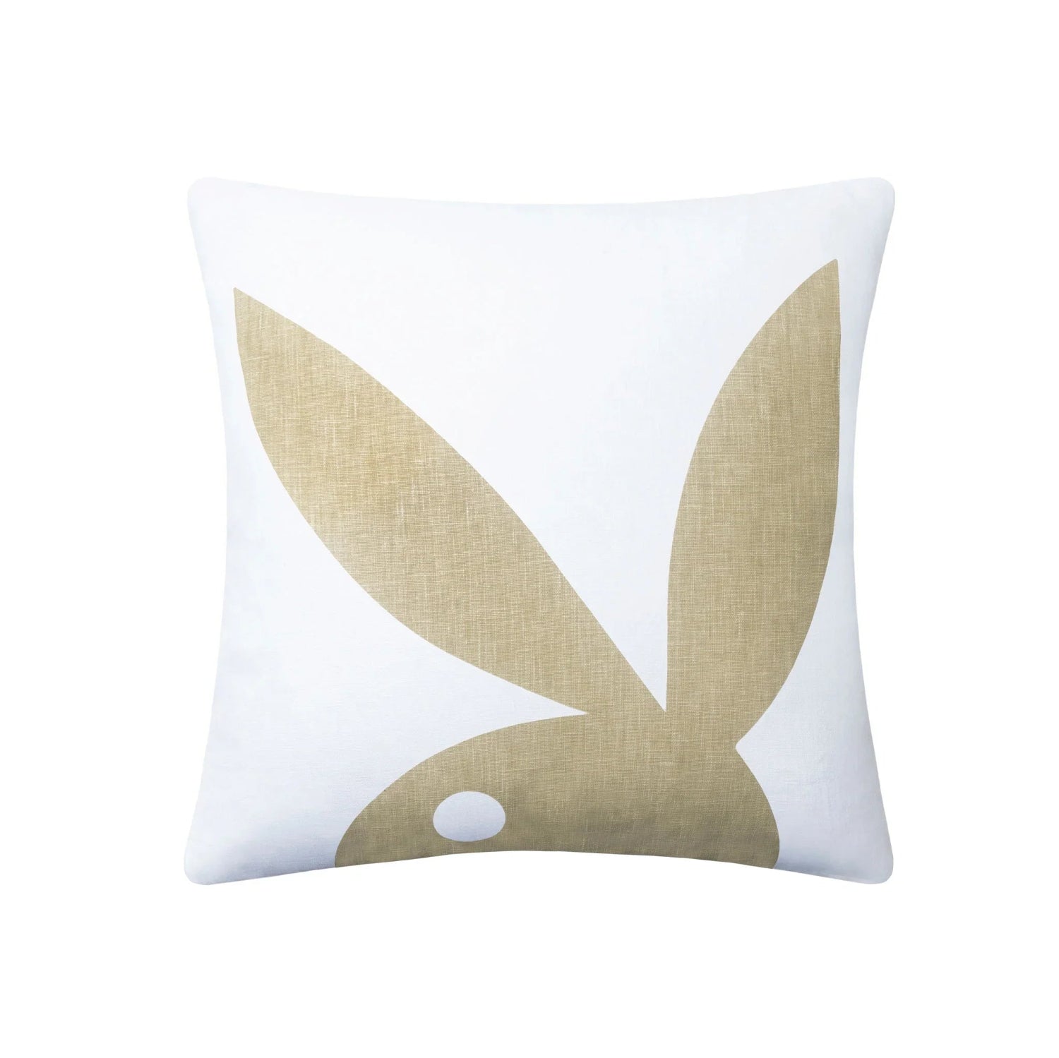 White throw pillow with large tan bunny silhouette graphic