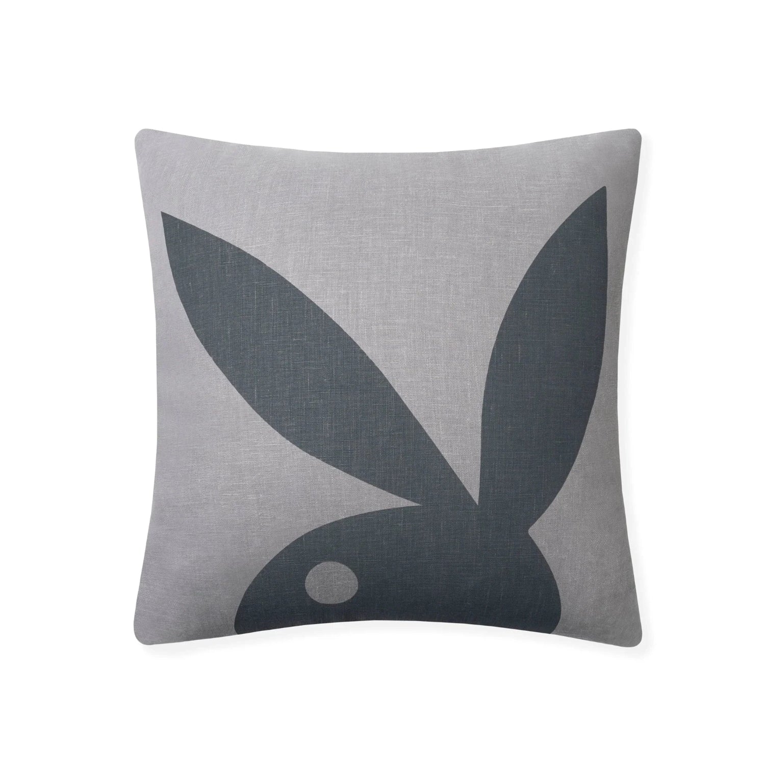 Gray throw pillow with large black bunny silhouette and white accent, modern home decor