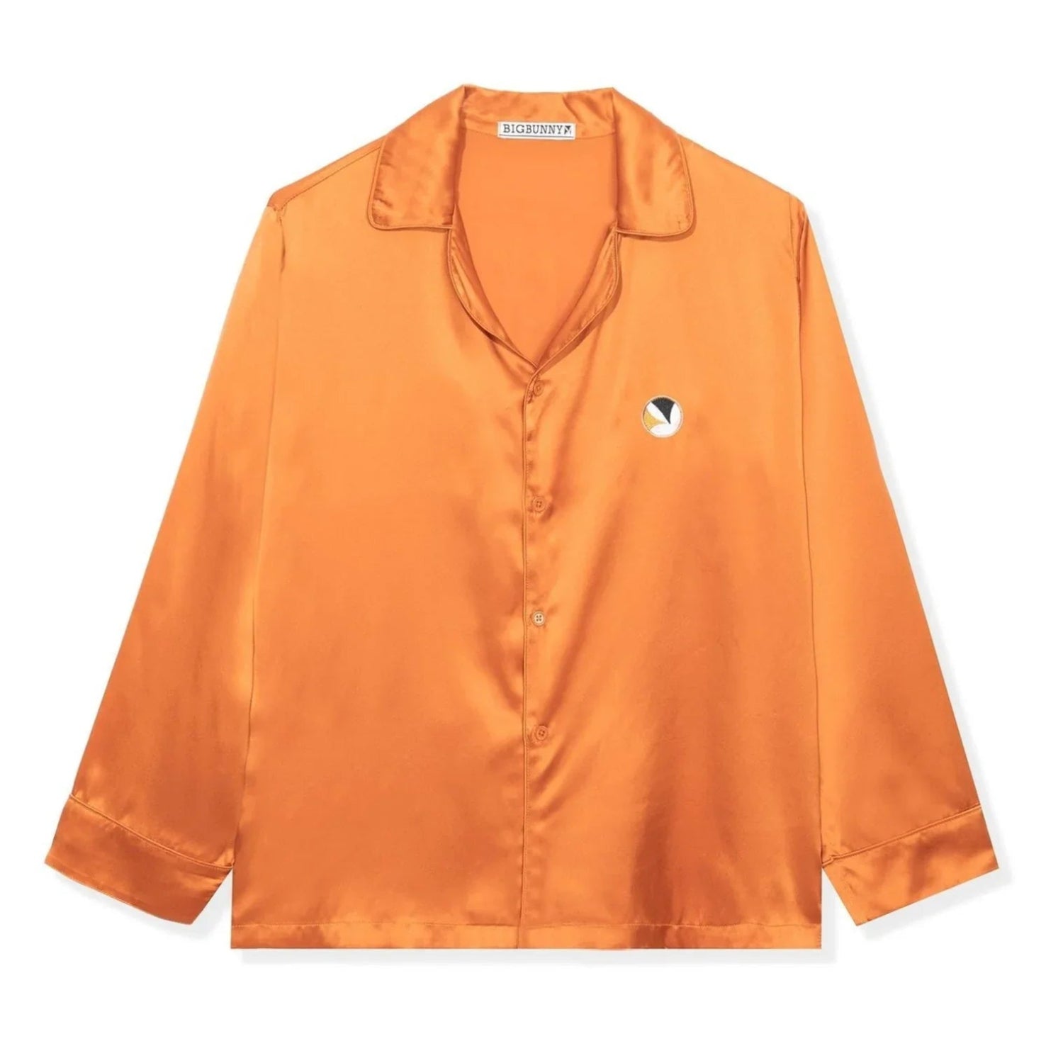 Orange silk button-down collared shirt with a small embroidered logo on the chest.