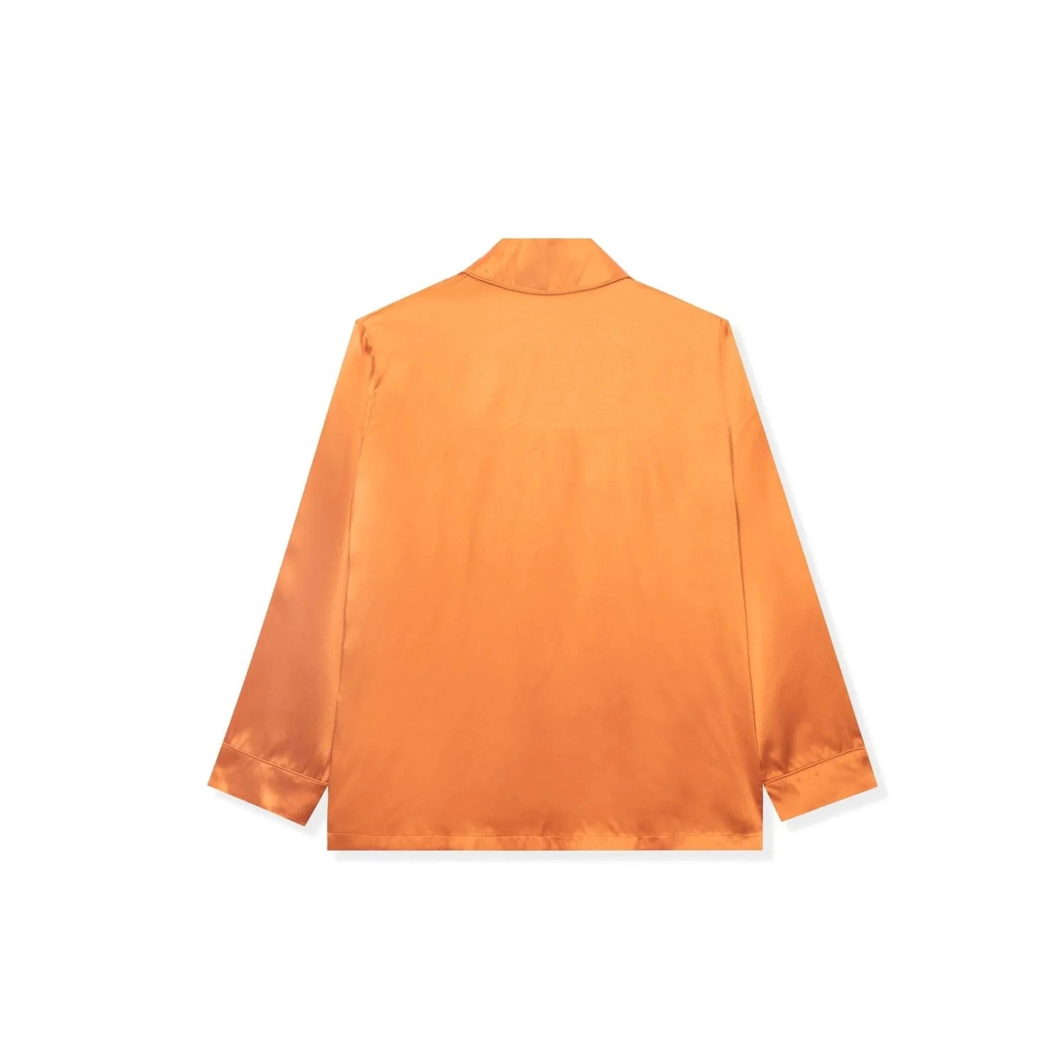 Back view of orange silk button-down collared long sleeve top on white background