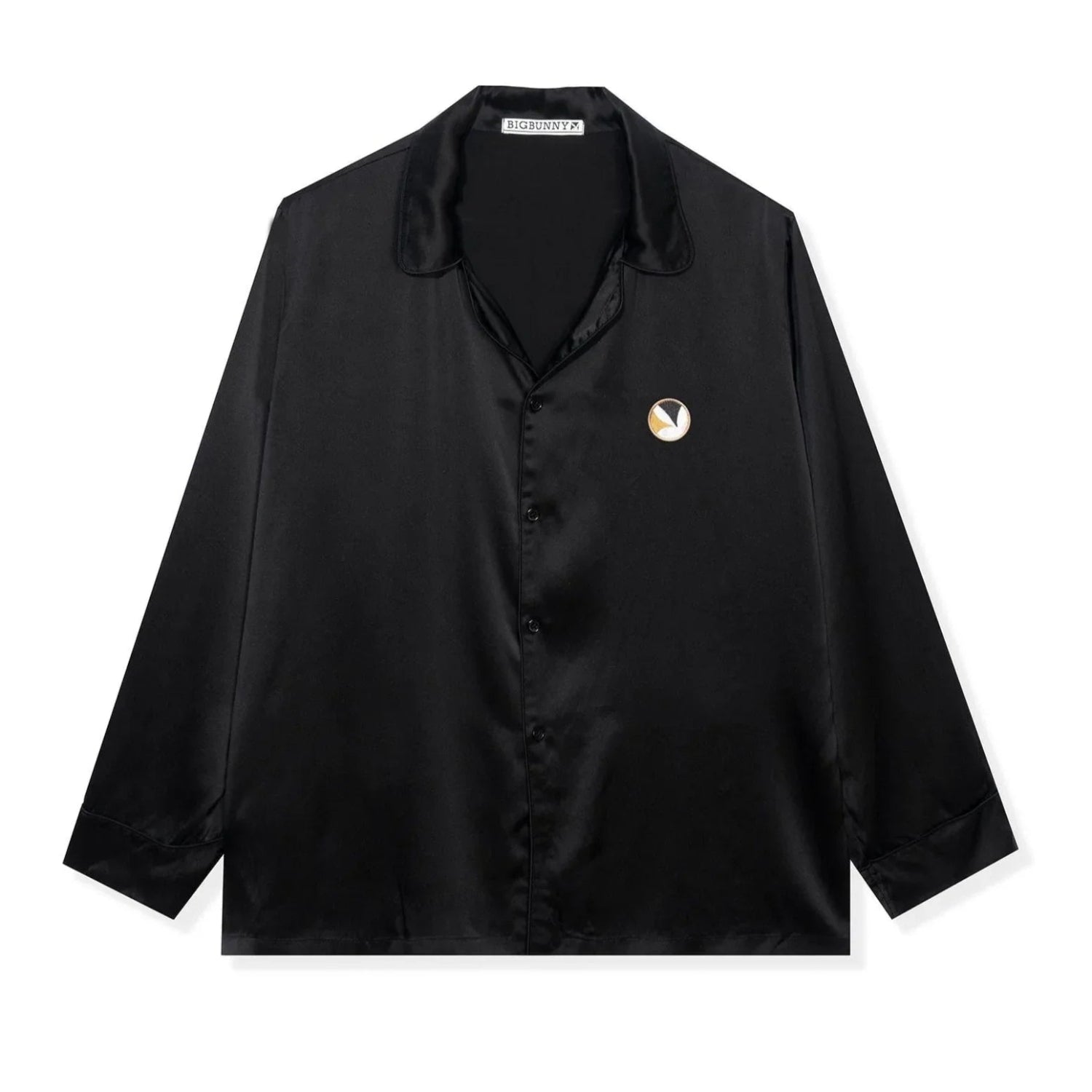 Black silk button-down collared shirt with long sleeves and embroidered chest patch