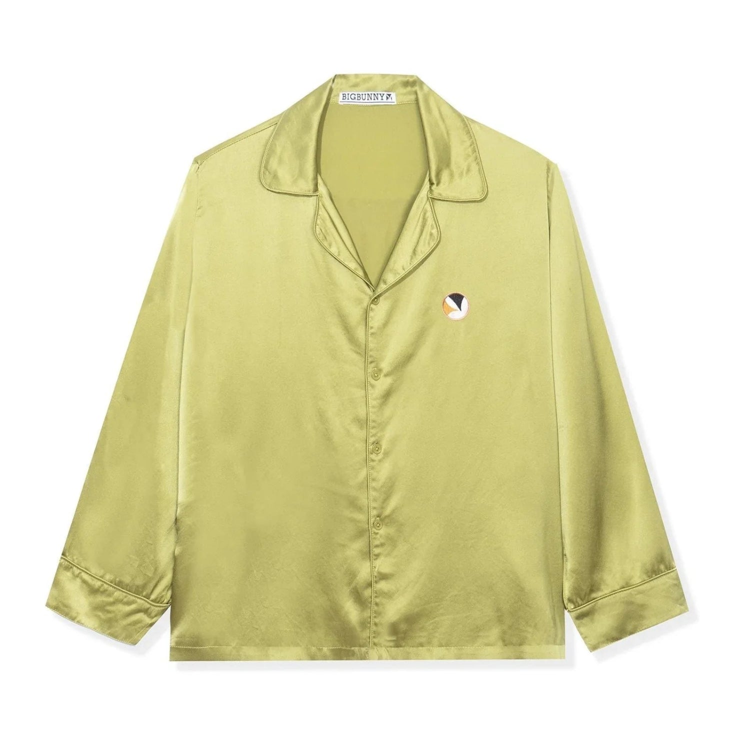 Light green silk button-down collared top with long sleeves and embroidered chest patch