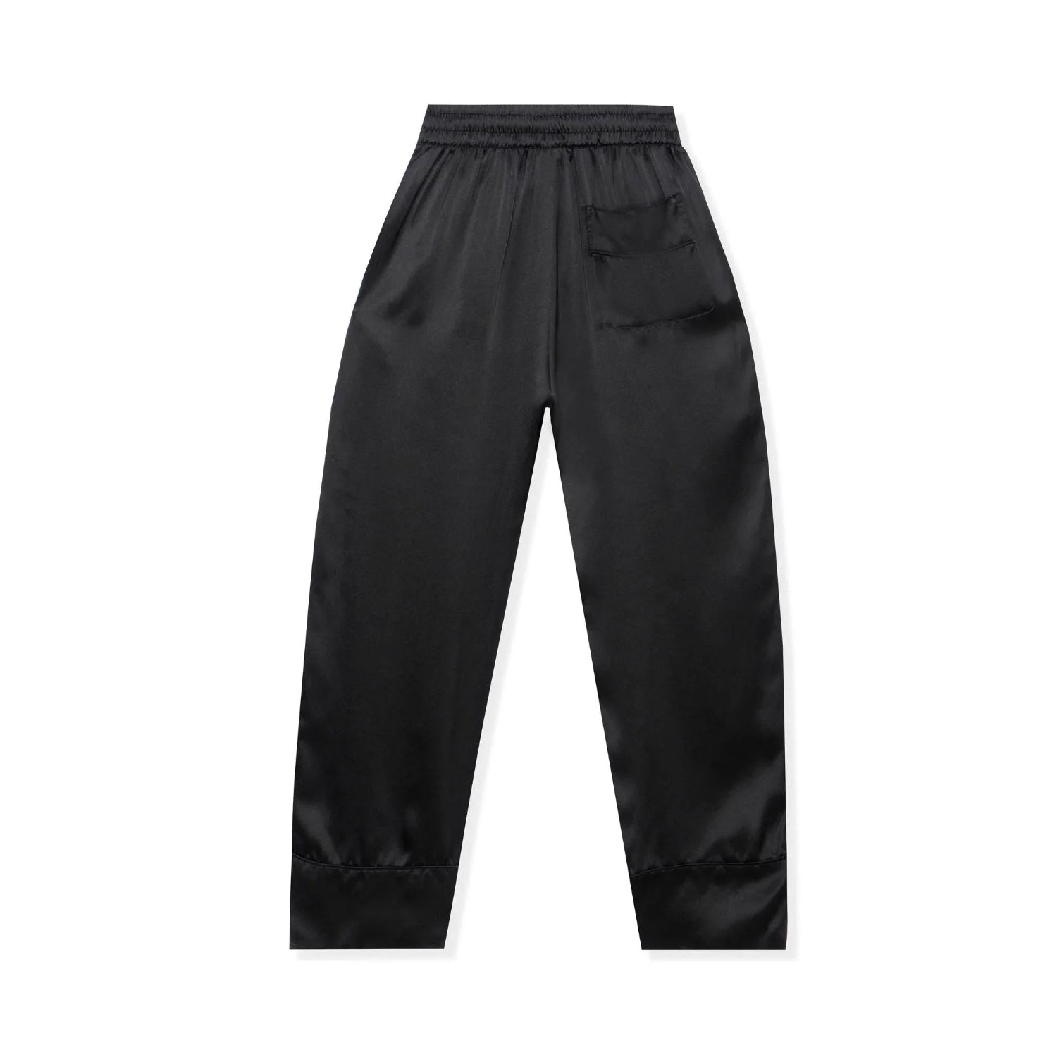 Black silk lounge pants with elastic waistband and back pocket, laid flat on white background