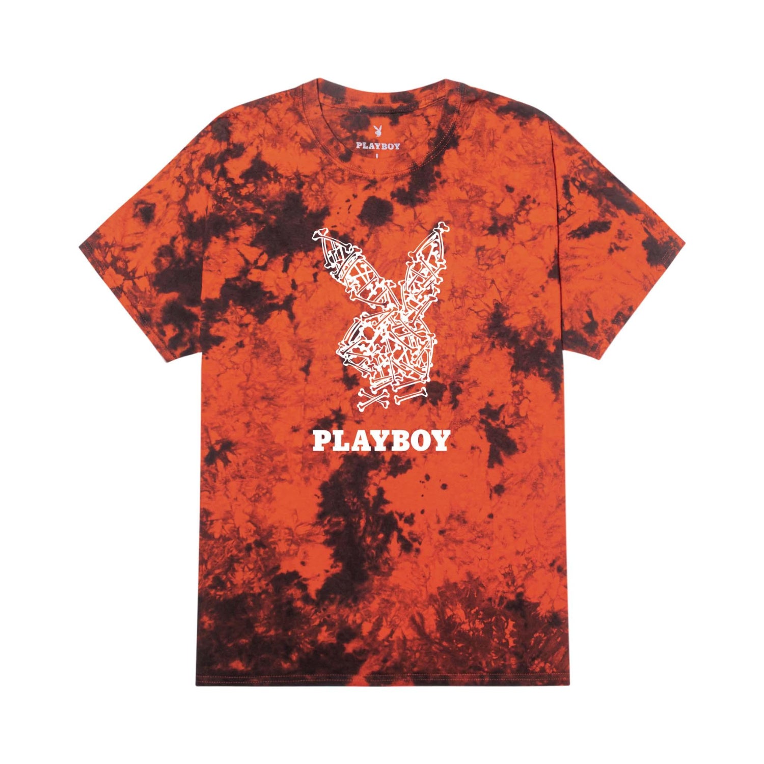 Orange and black tie-dye t-shirt with skeletal bunny graphic and bold PLAYBOY text on front