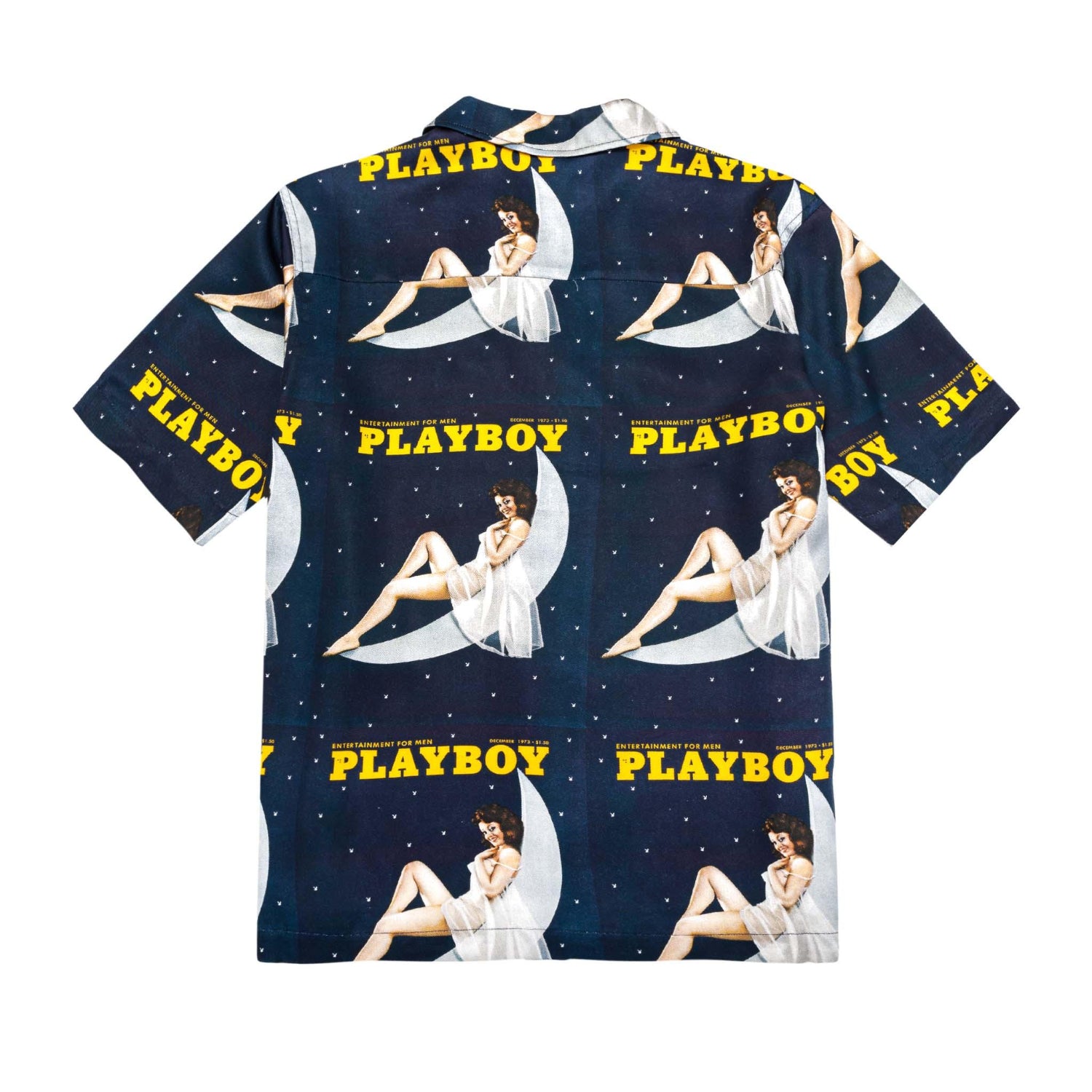 Navy camp shirt featuring vintage Playboy magazine cover print with woman on crescent moon