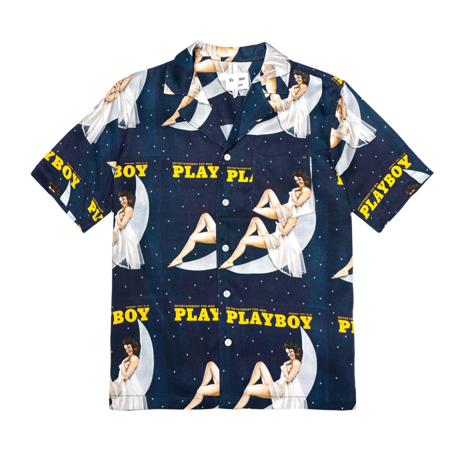 Navy short sleeve camp shirt with vintage pin-up graphic, moon motif, and yellow Playboy text.