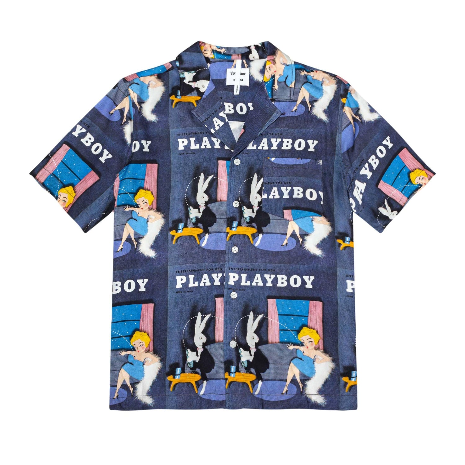 Men's short sleeve camp shirt with vintage-inspired Playboy cover print, multicolor graphic design.