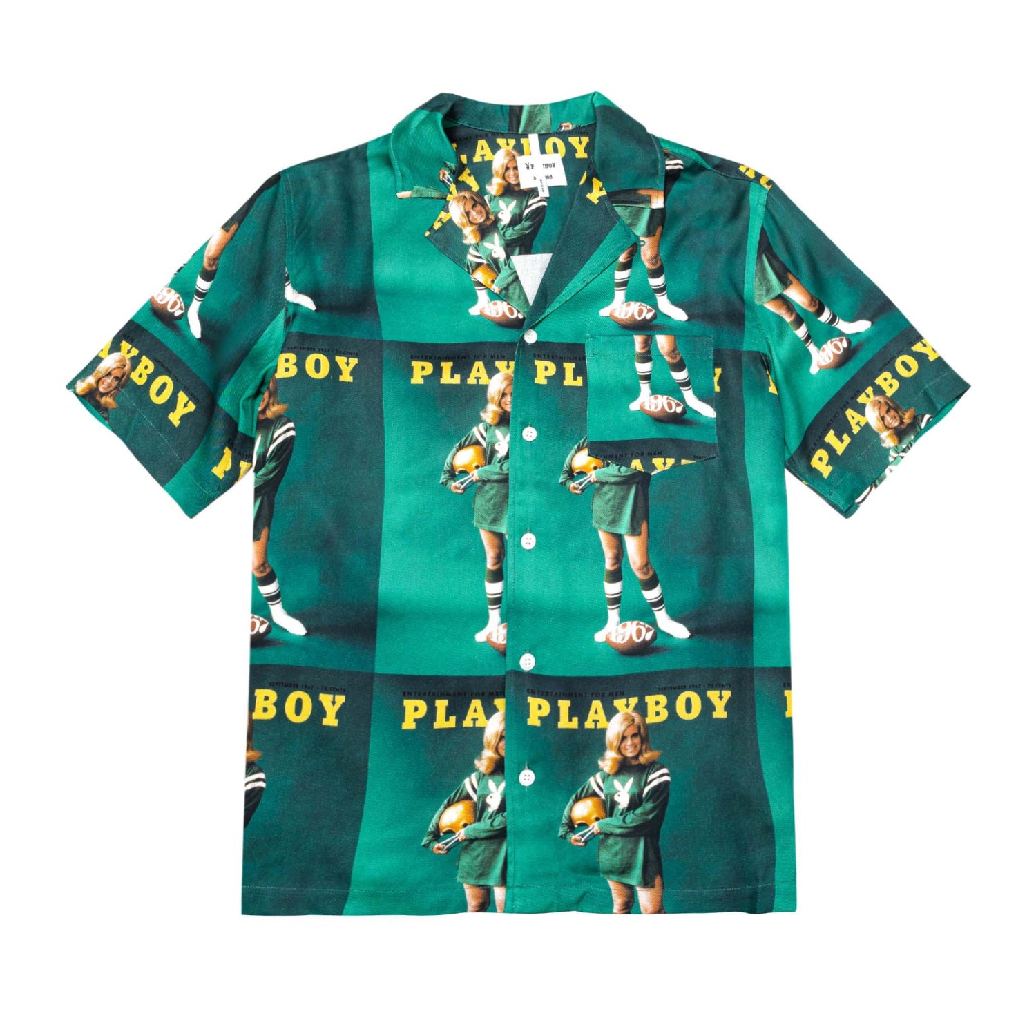 Green short-sleeve camp shirt with 1960s pin-up girl and yellow Playboy text pattern