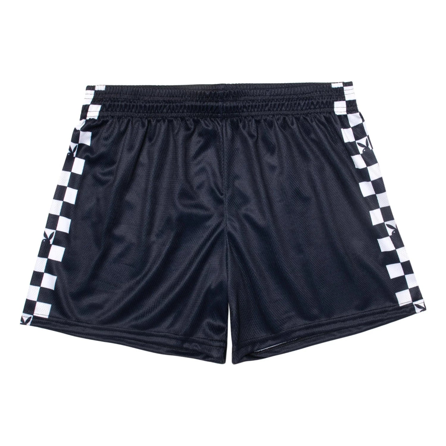 Black mesh shorts with white checkered side panels and subtle logo accents