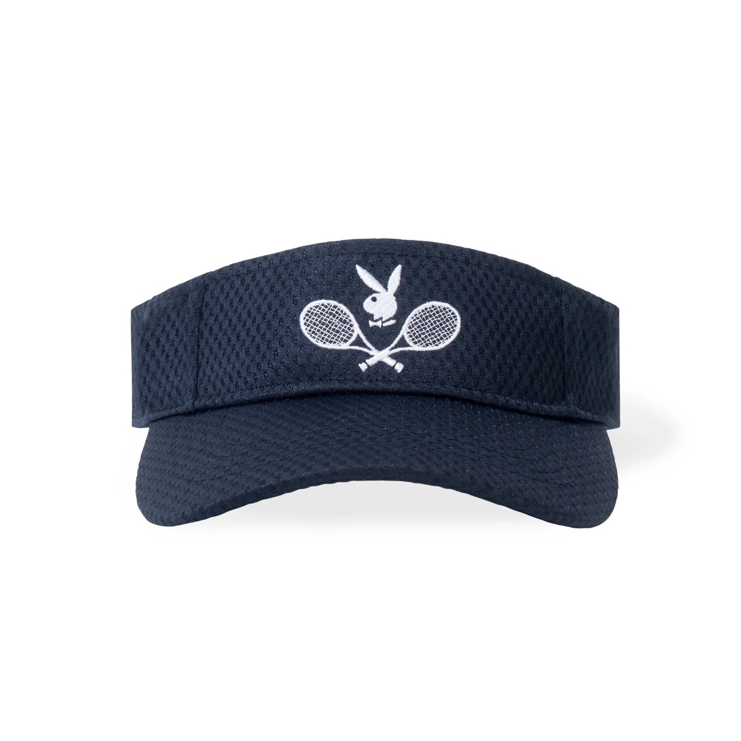Navy sports mesh visor with embroidered tennis rackets and bunny logo on front