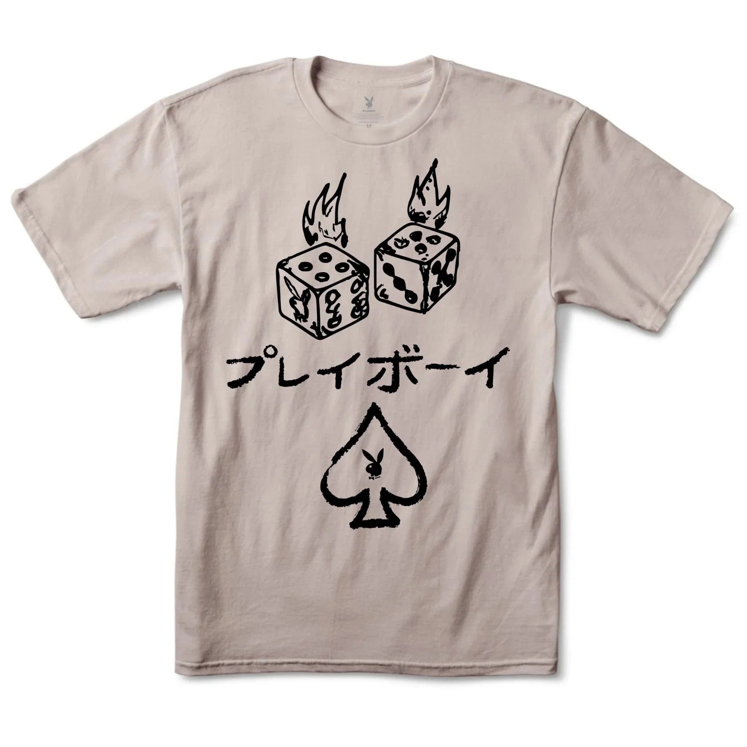 Beige graphic tee with flaming dice, Japanese text, and spade symbol with rabbit head.