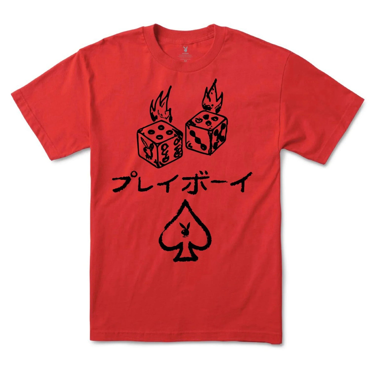 Red graphic tee with flaming dice, spade symbol, and Japanese lettering on front