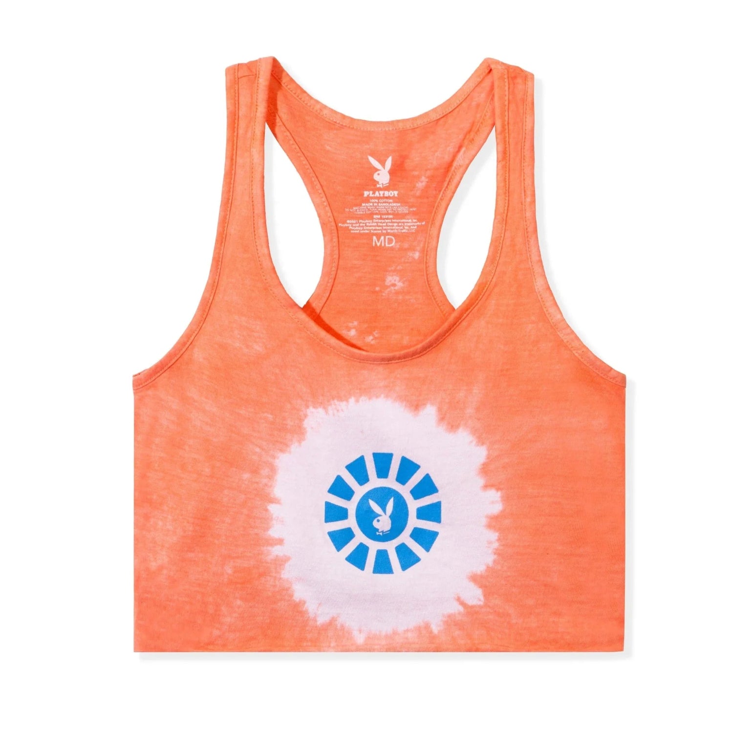 Orange cropped tank top with blue sunburst graphic and white Playboy bunny logo on front.