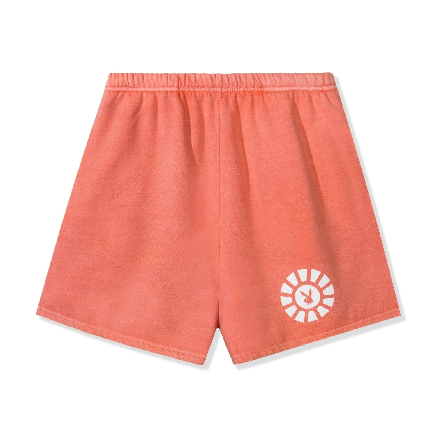 Coral sweatshorts with elastic waistband and white sunburst graphic on left leg