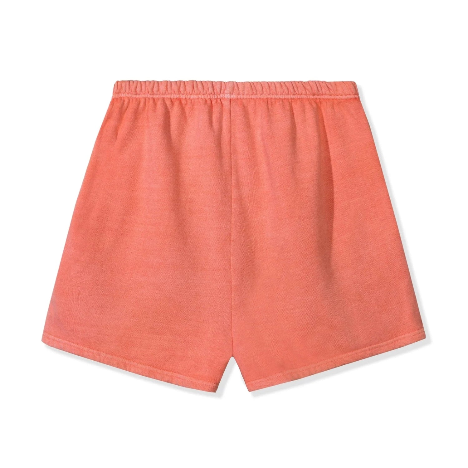 Back view of coral pink sweatshorts with elastic waistband on white background