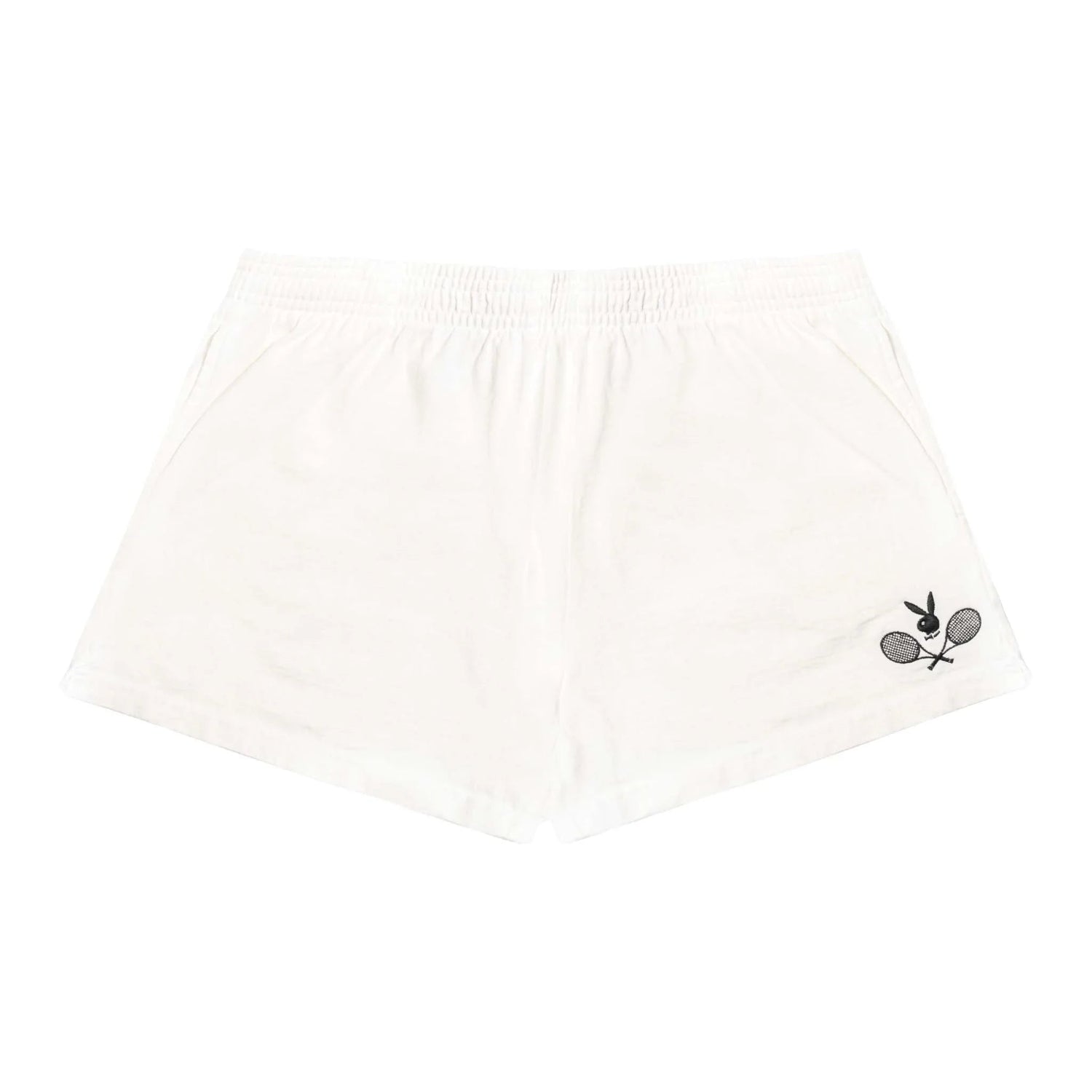 White tennis club shorts with elastic waistband and crossed racket logo on front