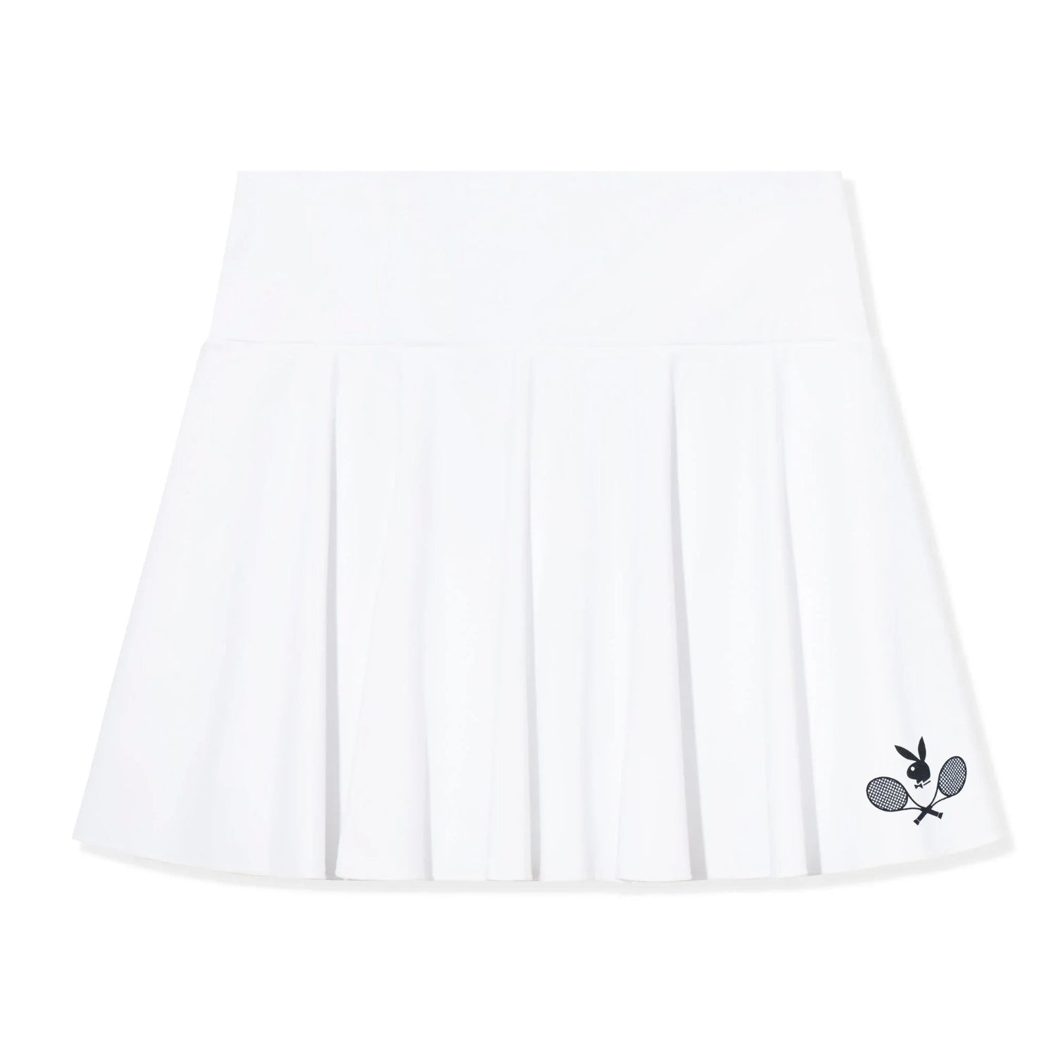 White pleated tennis skirt with embroidered bunny and crossed racquets on the hem.