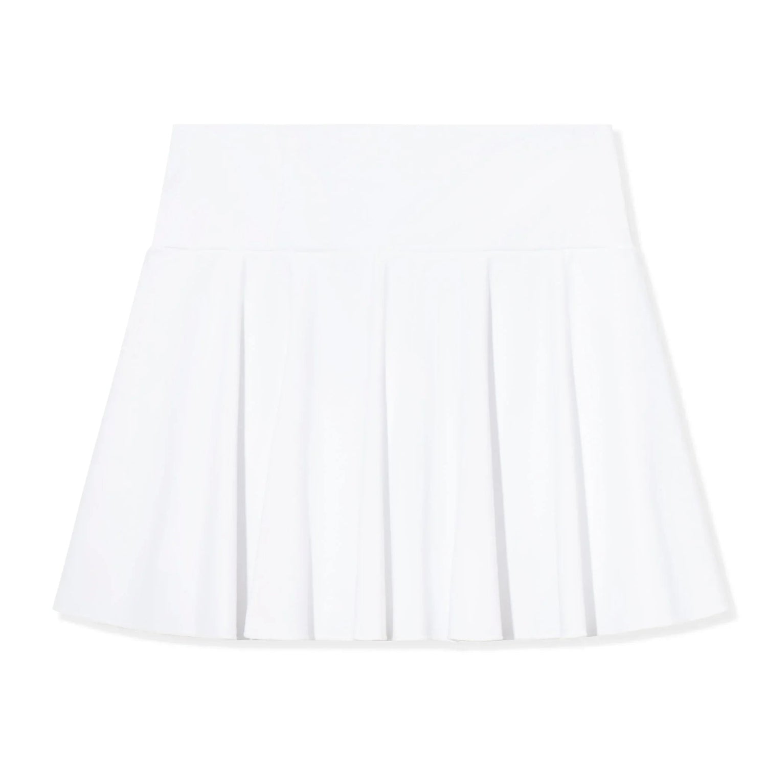 White pleated tennis skirt with high waistband, athletic women's clothing on white background